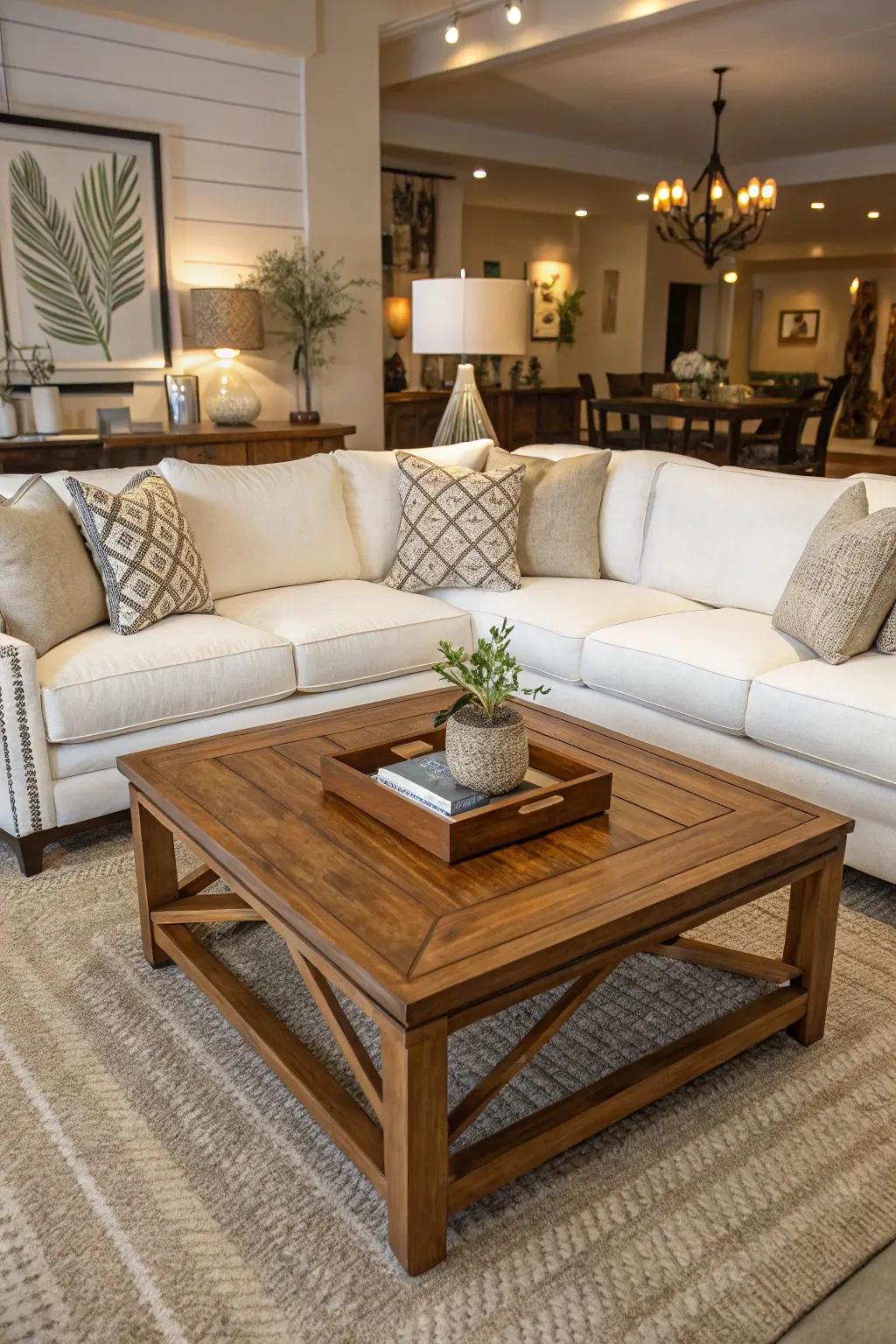 A wooden center table enriches a living space that features a white modular sofa.