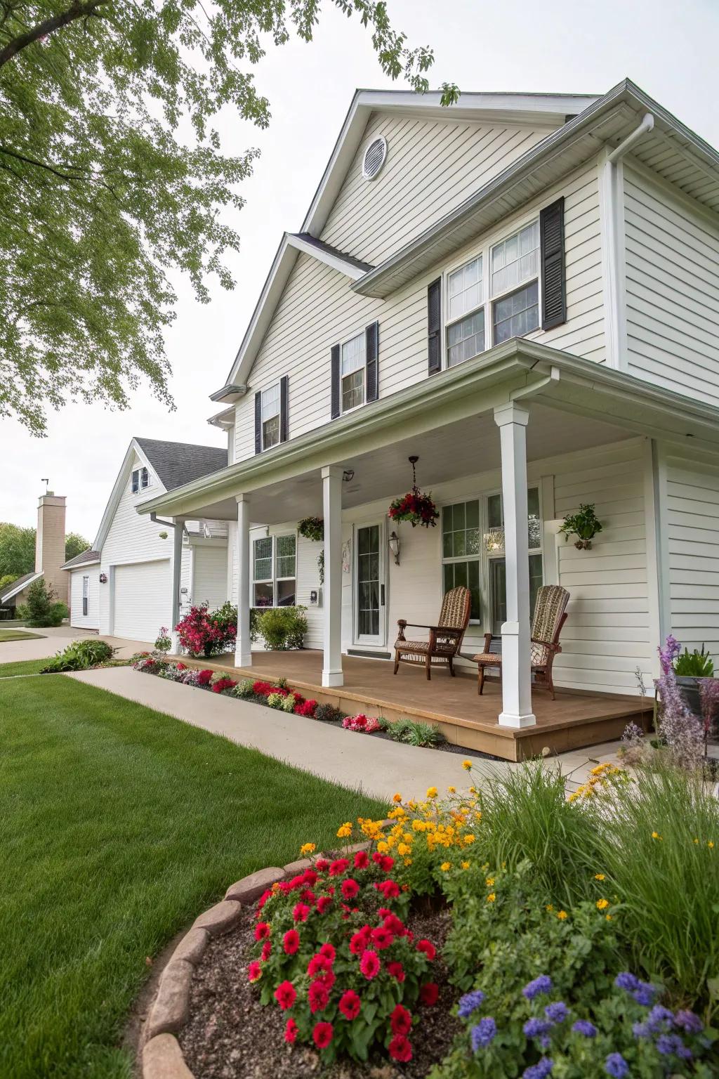 A welcoming veranda on a house featuring white vinyl siding.