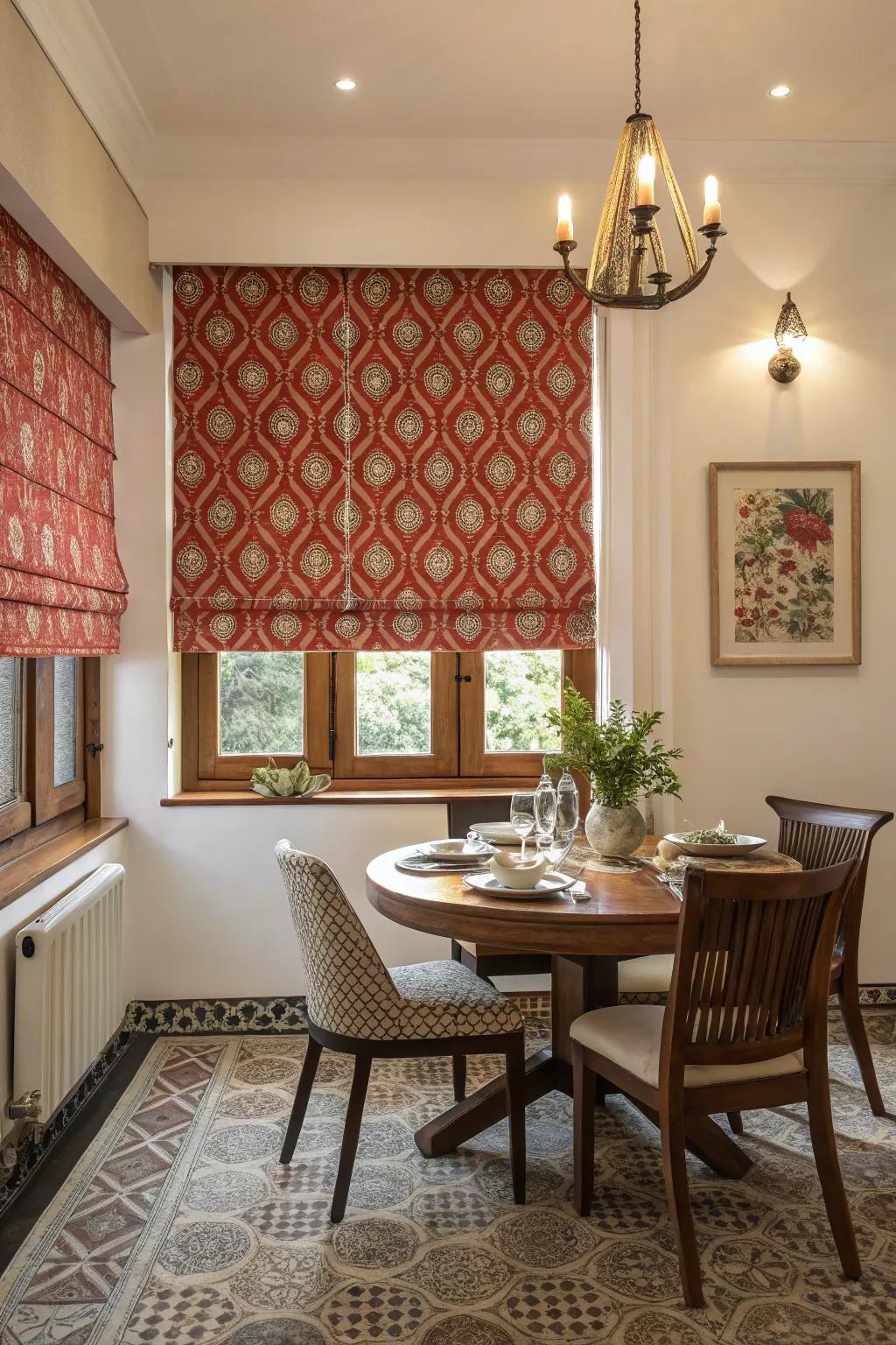 Bold-patterned blind adding a pop of personality in a dining room.
