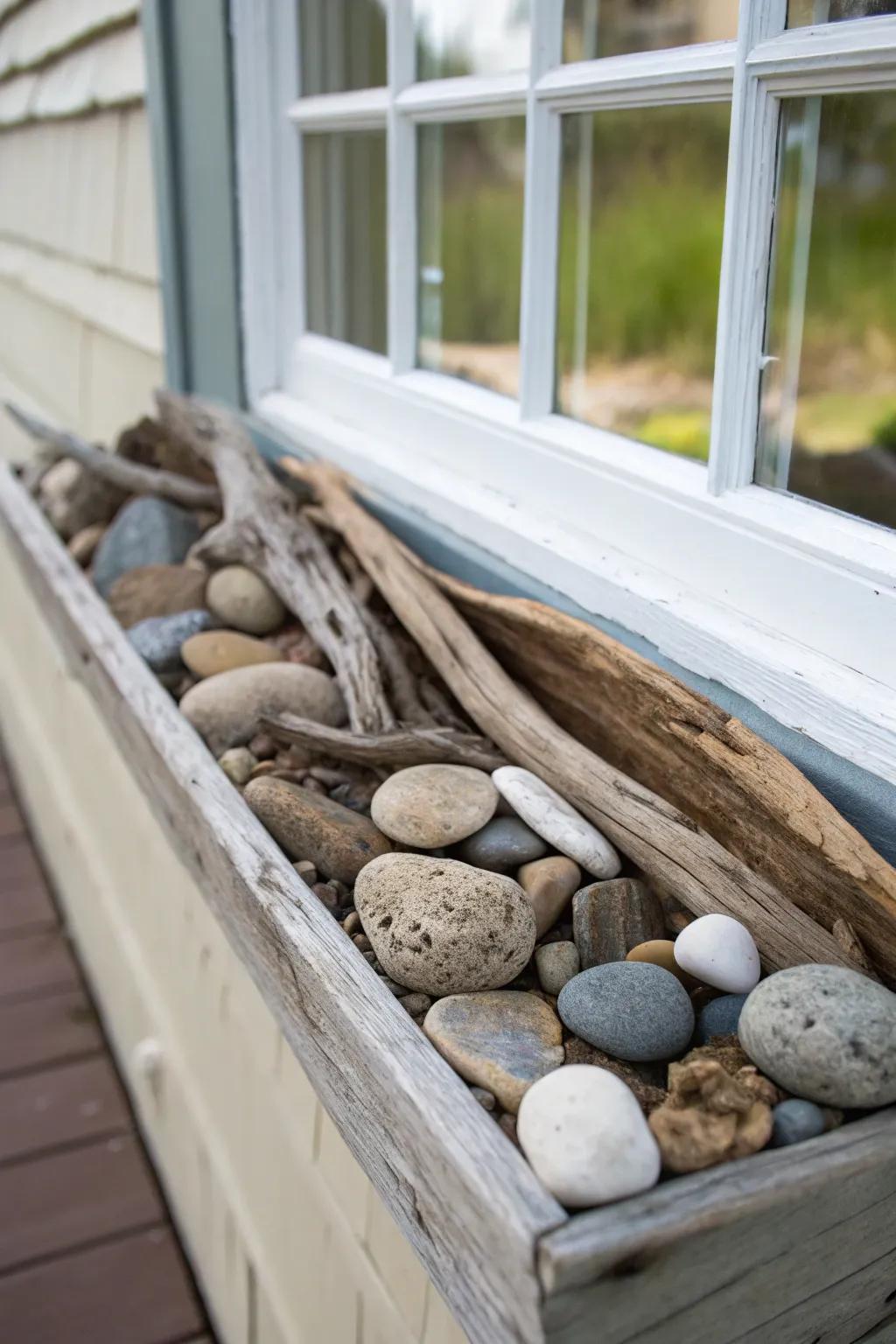 Nature's design with driftwood and stones in a window box