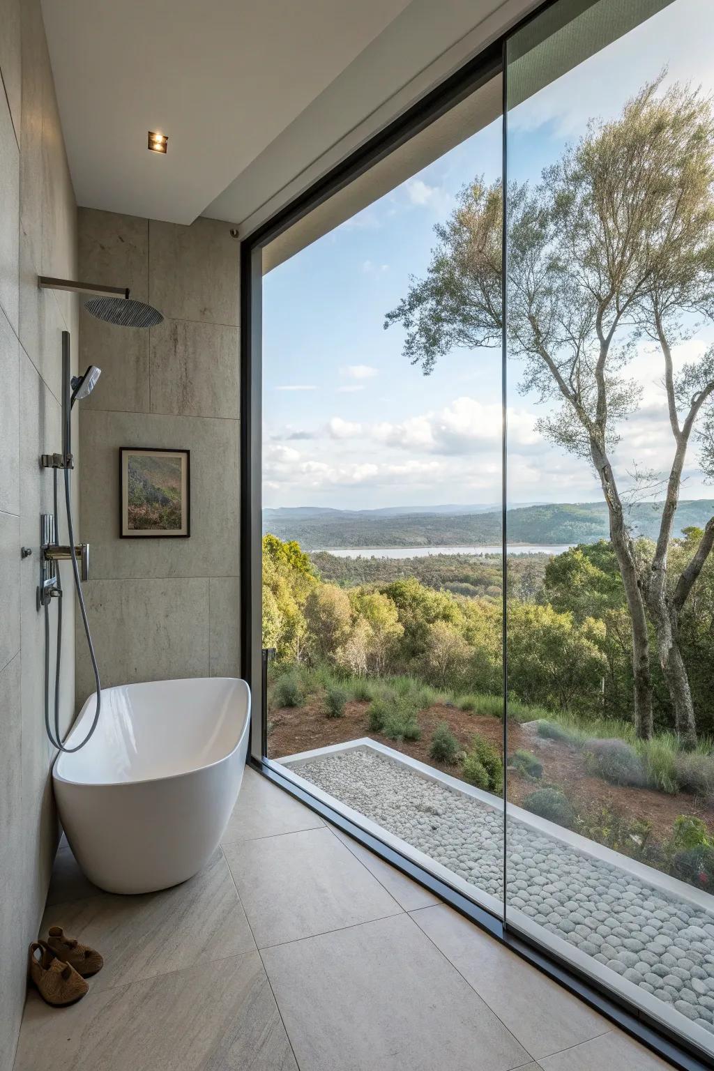A picture window delivers a stunning view right from the shower.