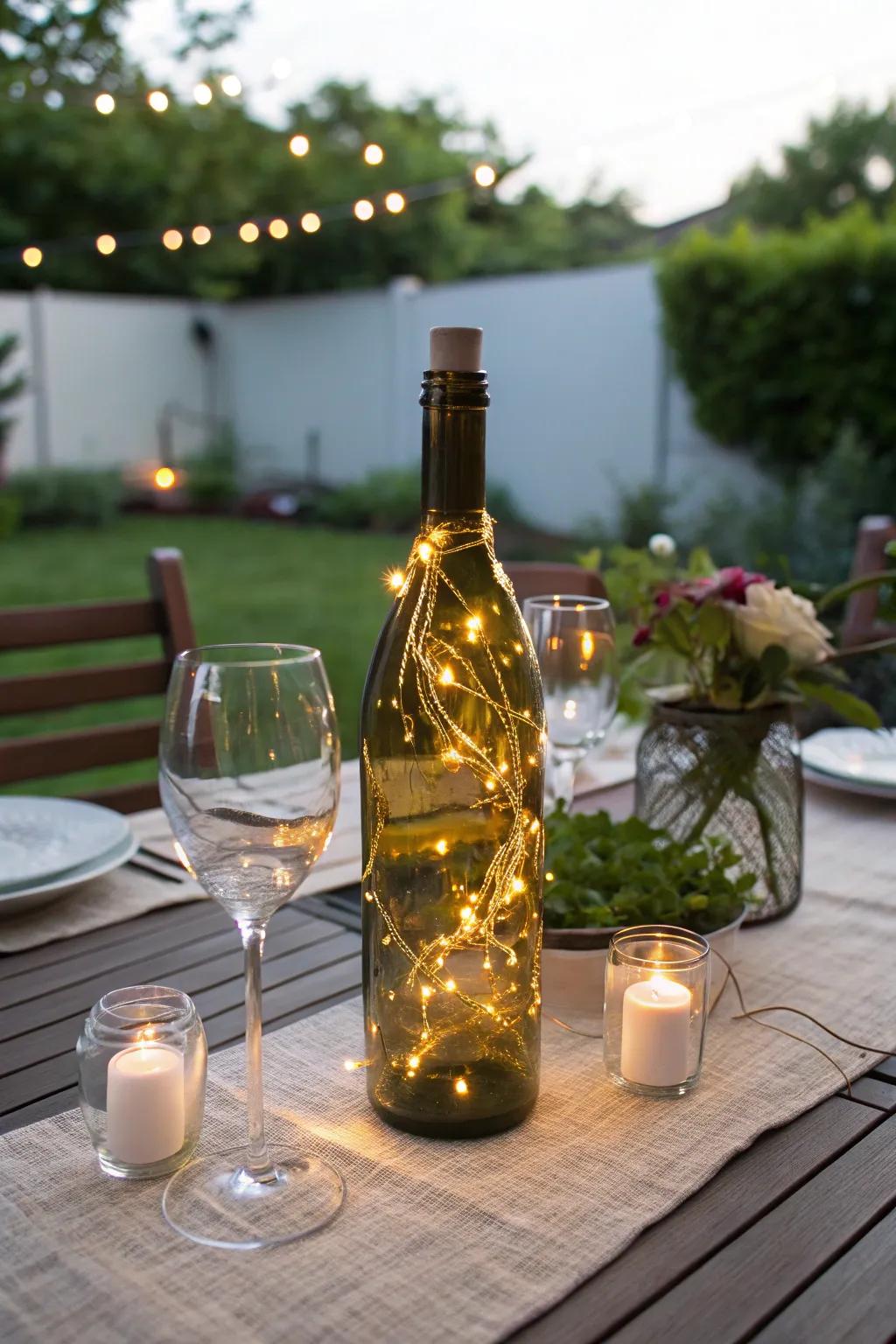 Pixie lights in a grape juice bottle create a magical ambiance.