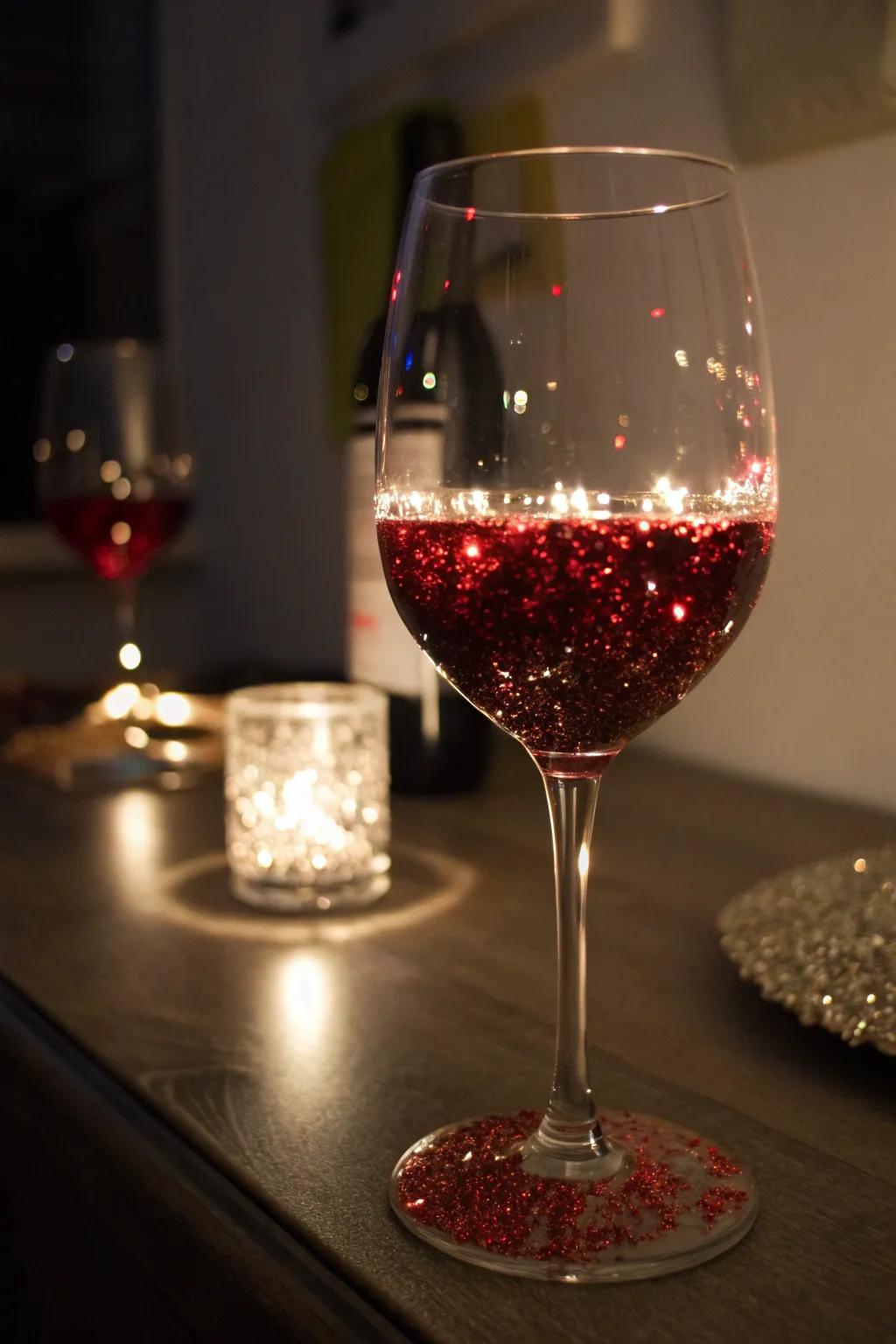 Glitter details transform wine glasses into festive spectacles.