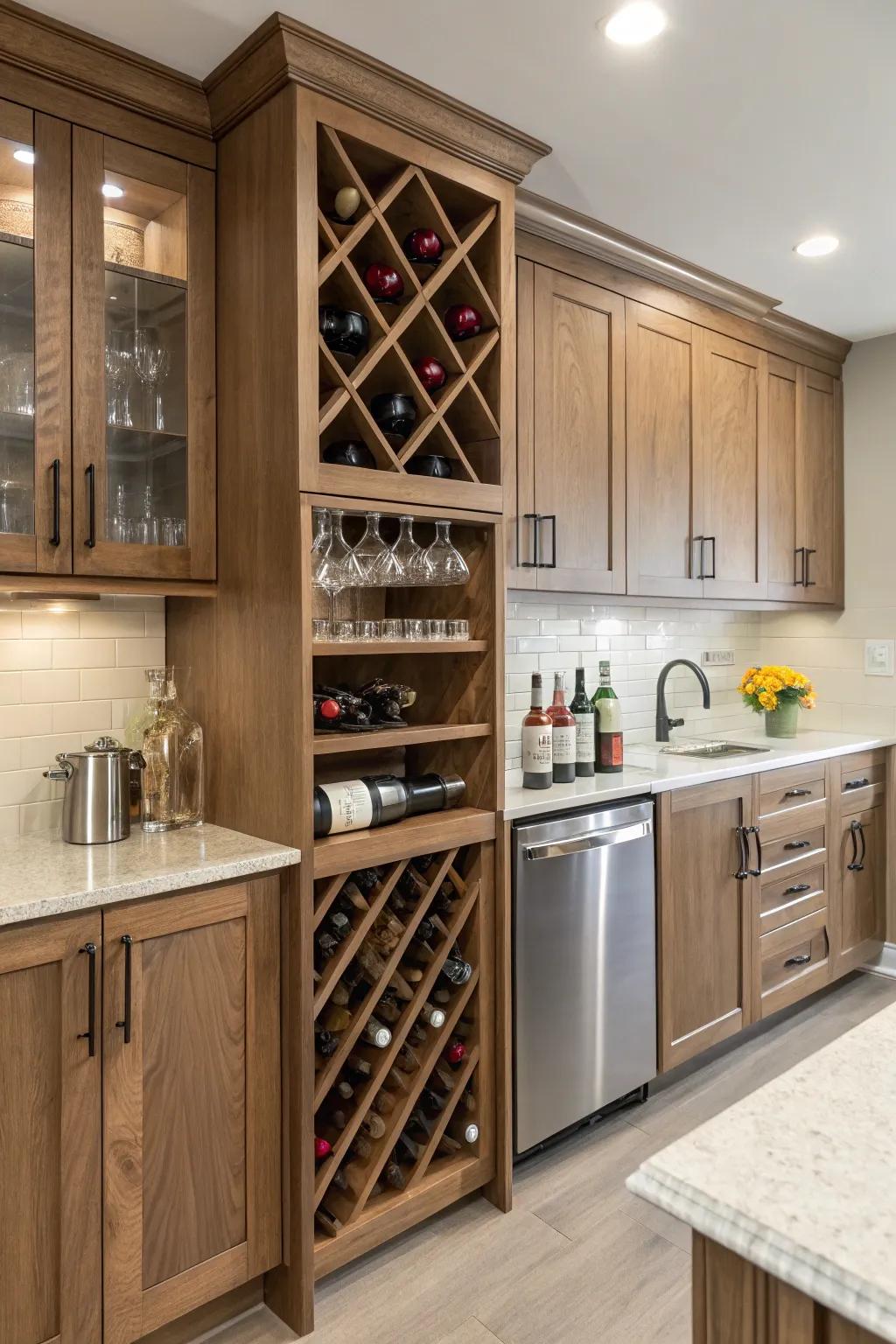 Built-in wine rack harmoniously incorporated into the culinary cabinetry.