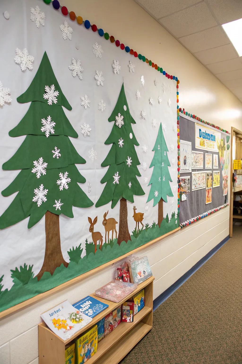 A winter woodland extends an invitation to imaginative escapades on the bulletin board.