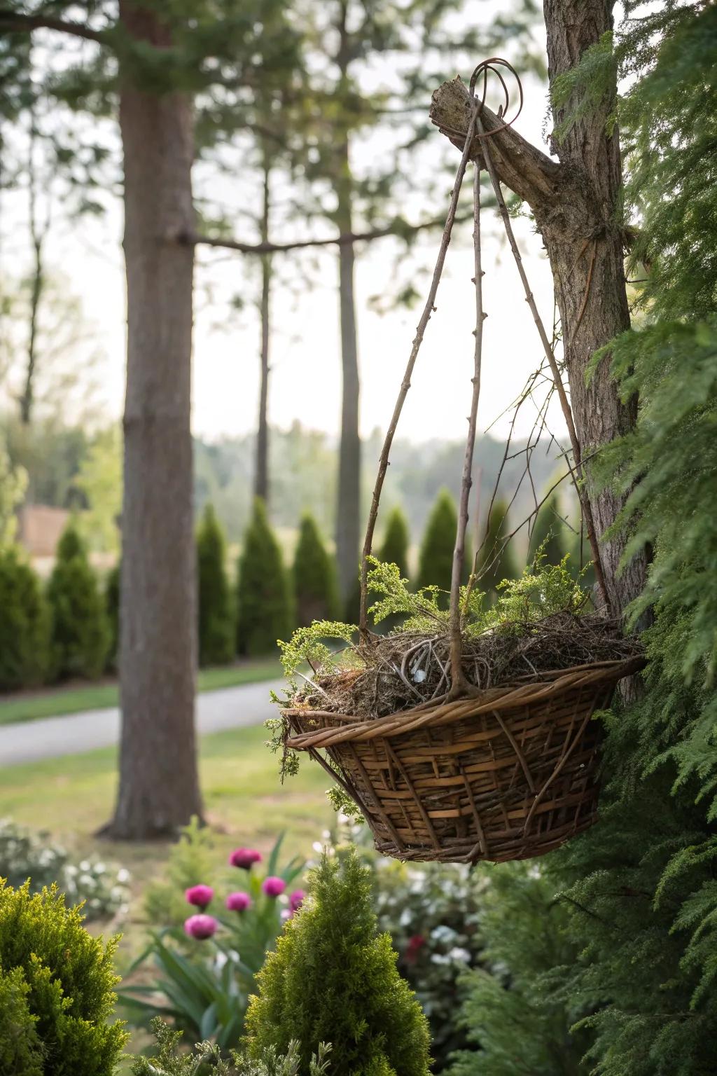 Twigs introduce a rustic touch to winter baskets.