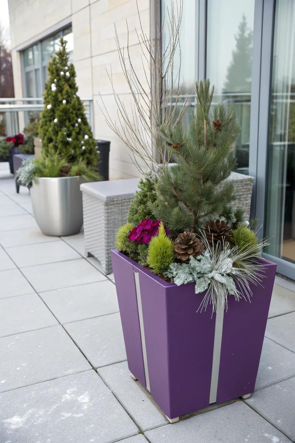 Unusual colors such as purple and silver present a modern take on winter containers.