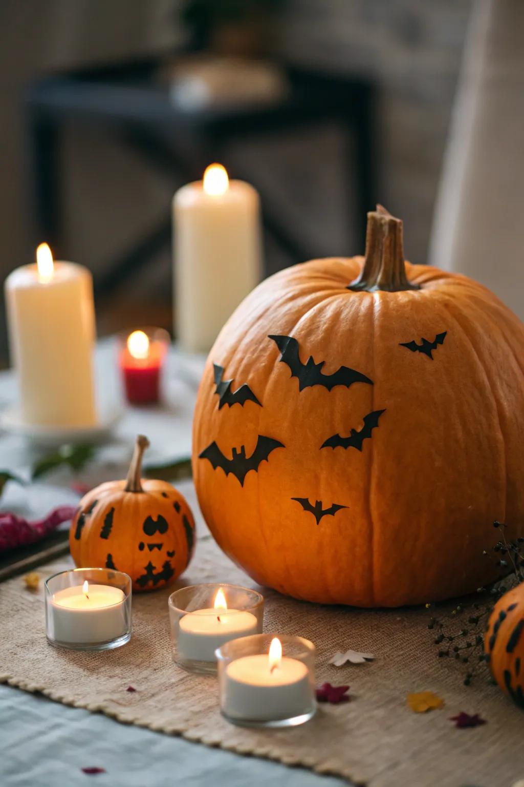Pumpkin featuring whimsical bat decorations.