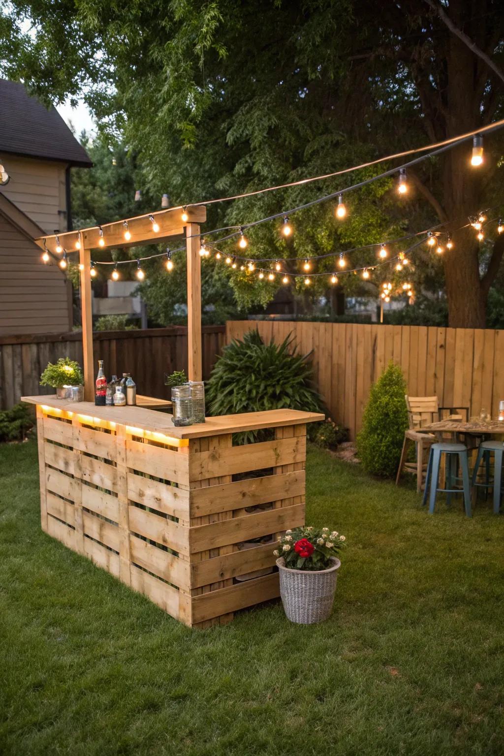 A charming do-it-yourself bar fashioned from pallet wood.