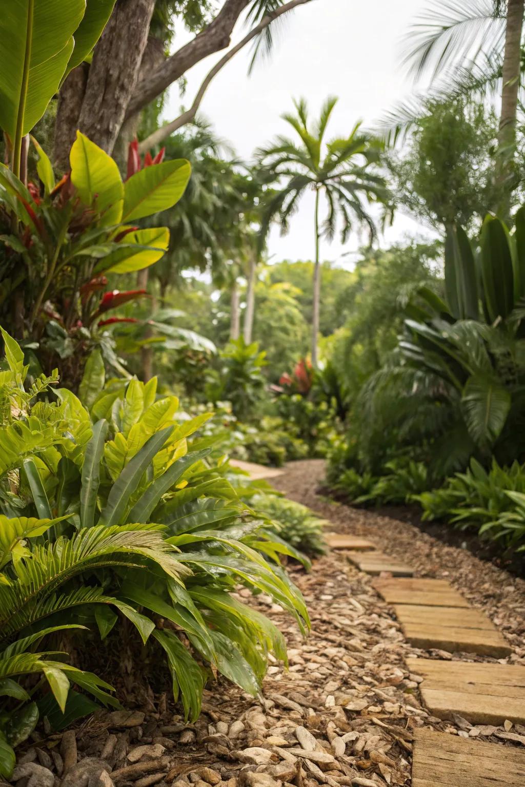 Wood chips harmonize with the abundant greenery of a humid garden.