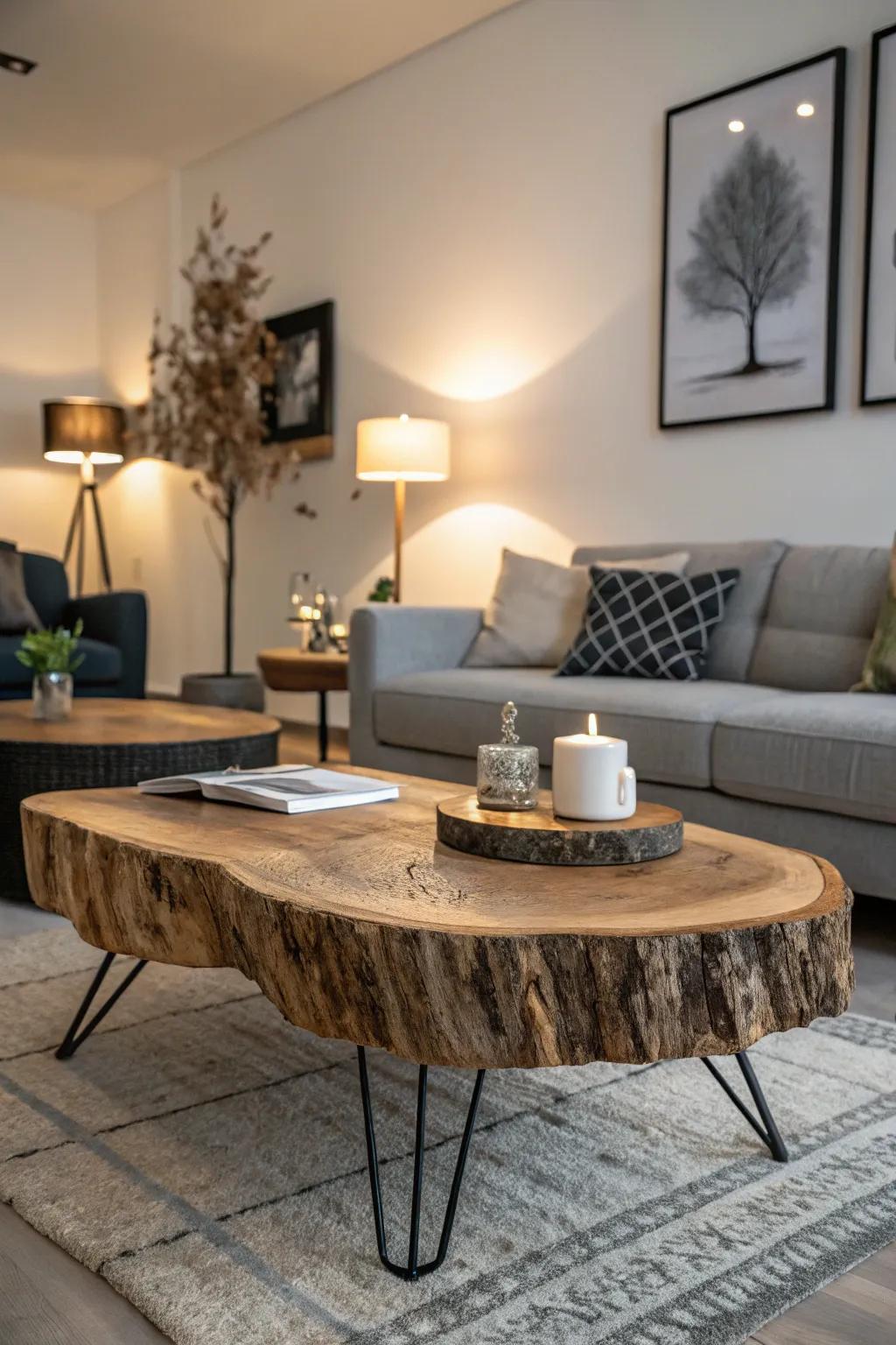 Unique raw edge coffee surface as a main living space centerpiece