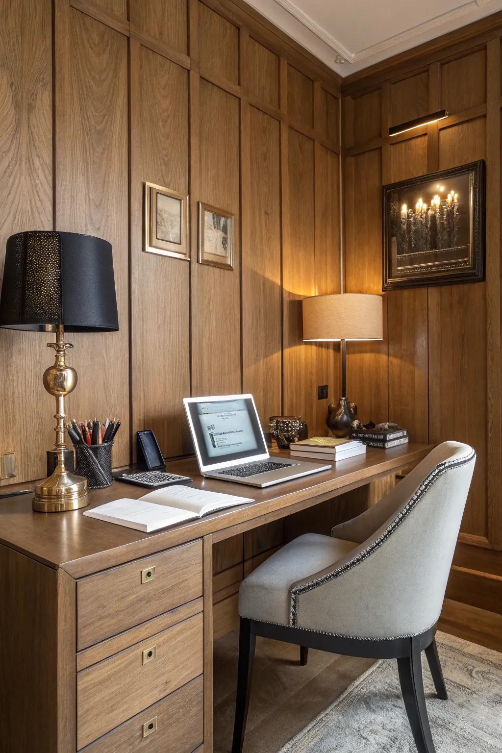 Wood paneling brings sophistication to home offices.