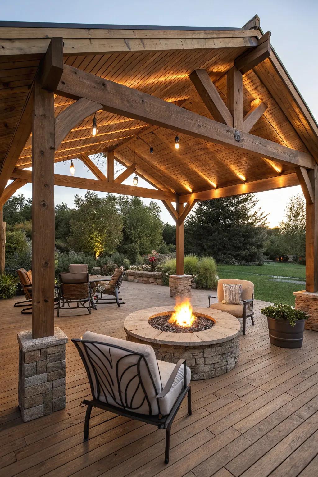 An inviting patio shelter featuring a glowing fire pit.