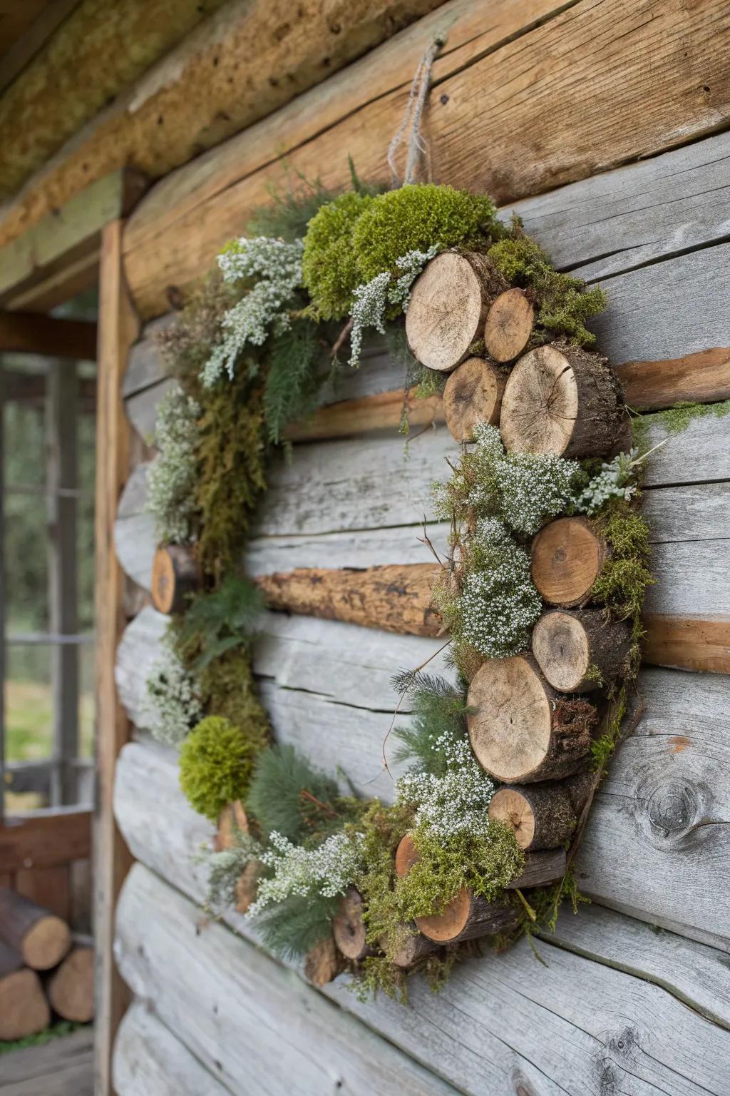 Nature-inspired wreath incorporating moss for a woodland atmosphere.