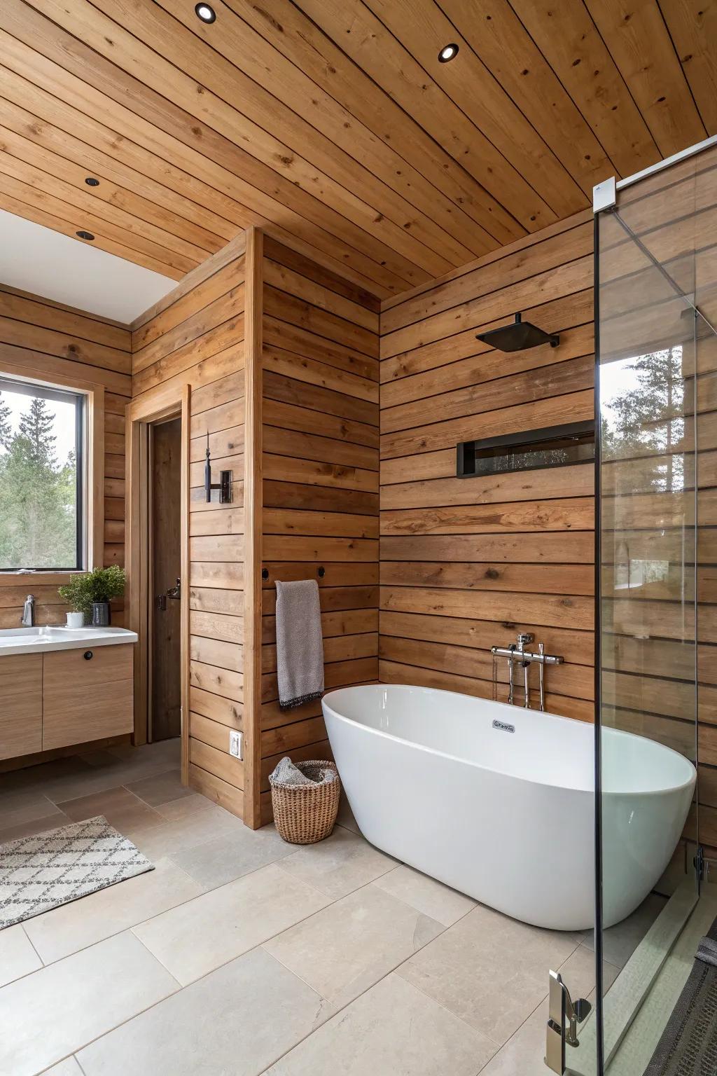 Stylish long grooveboard adds beauty to this bathroom.