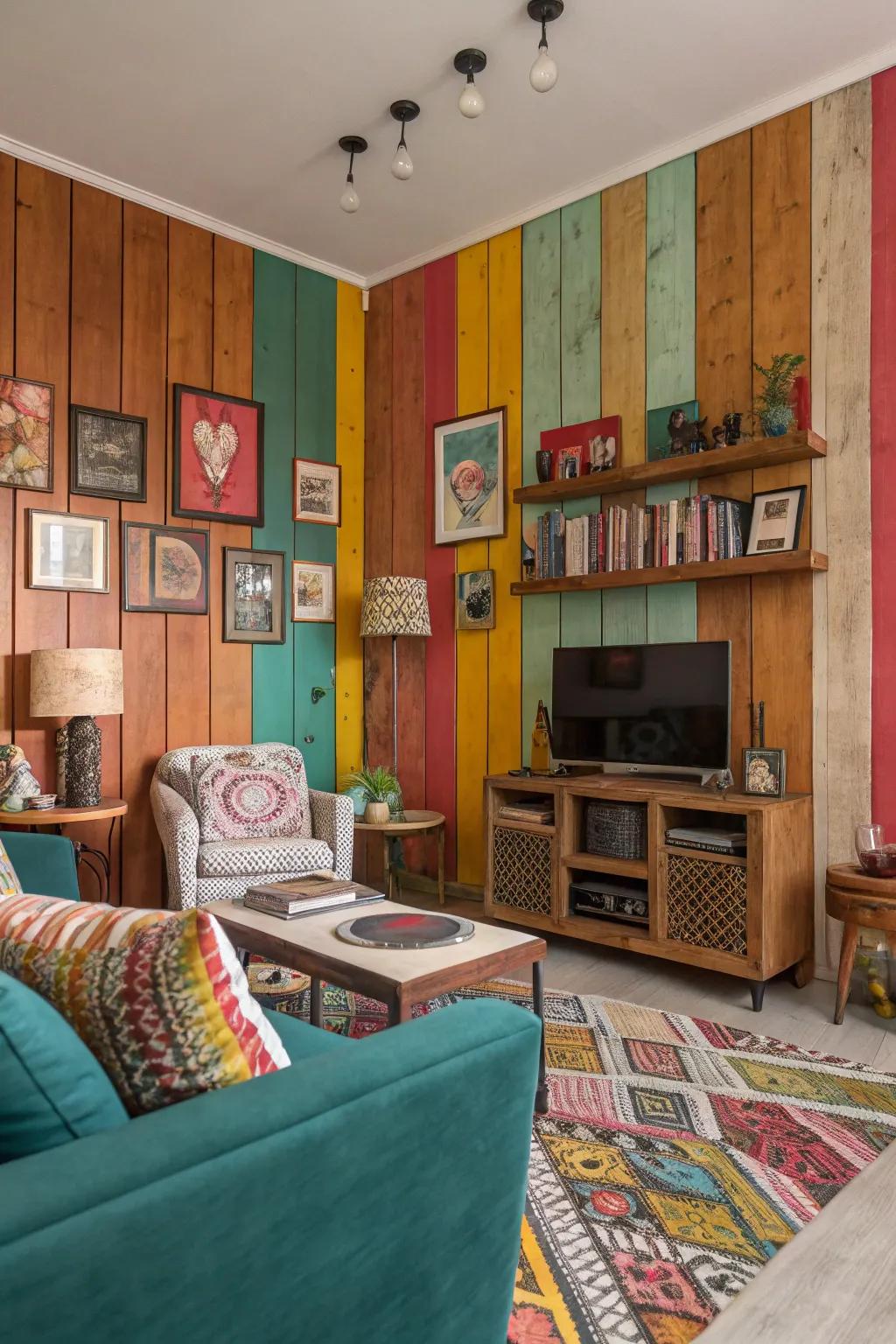 A vibrant lounge showcasing colorful timber paneling.