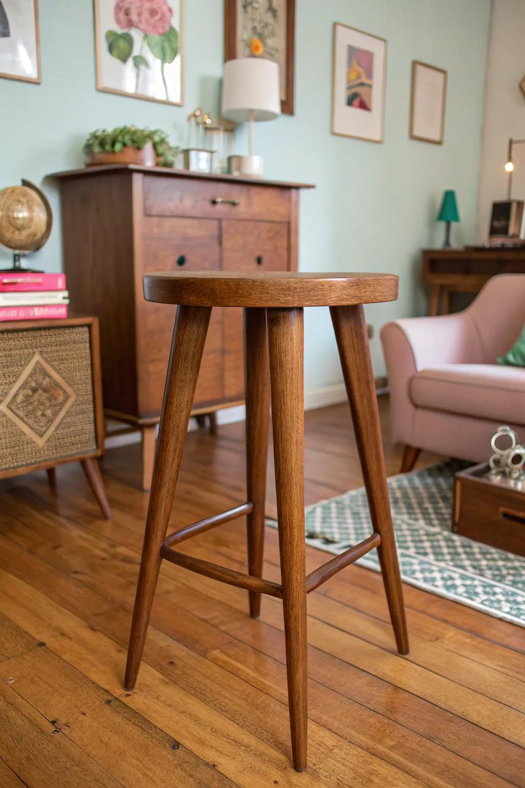 Mid-century modern essence encapsulated in this sleek wooden stool.
