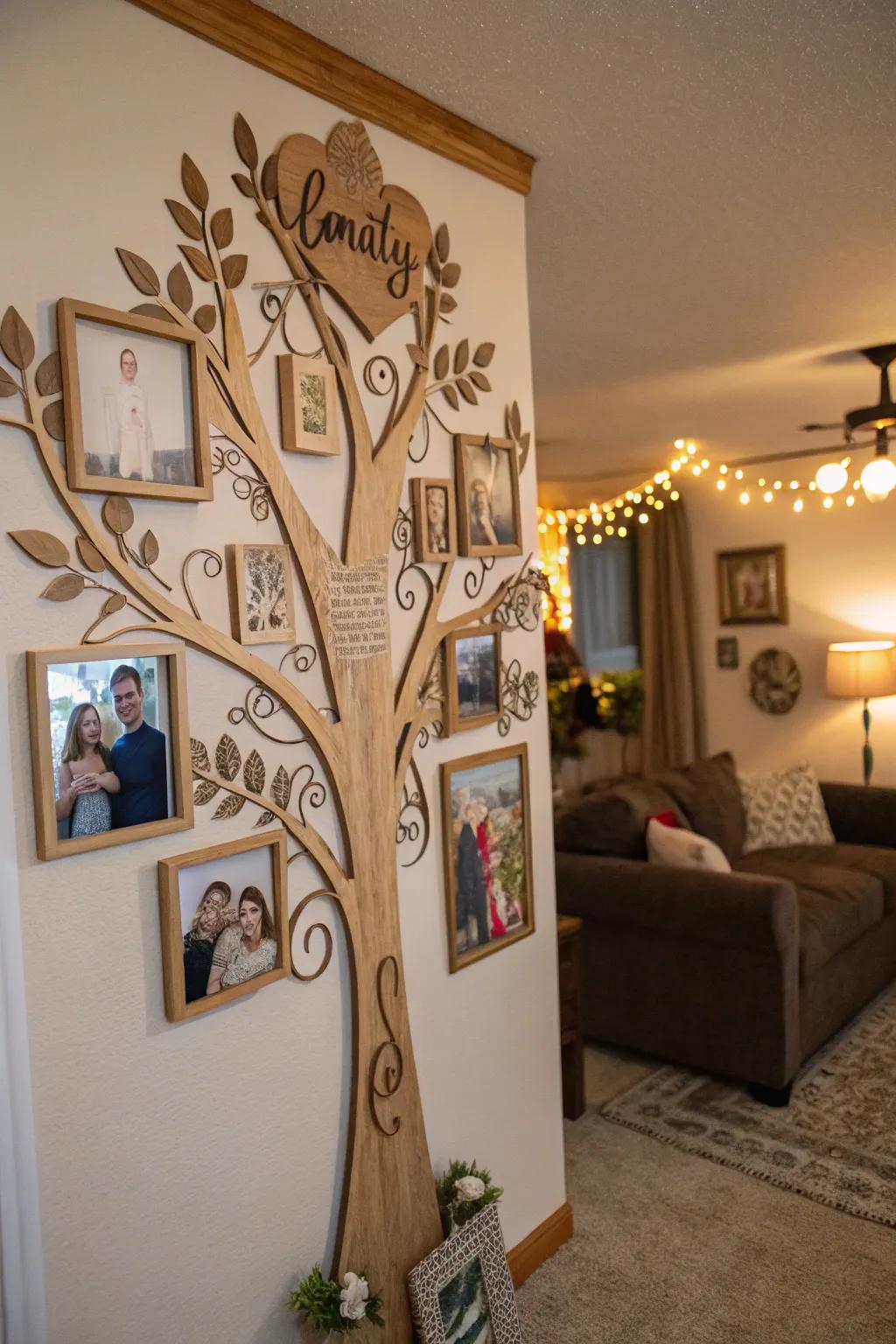 A wooden family tree artwork piece that celebrates family heritage.