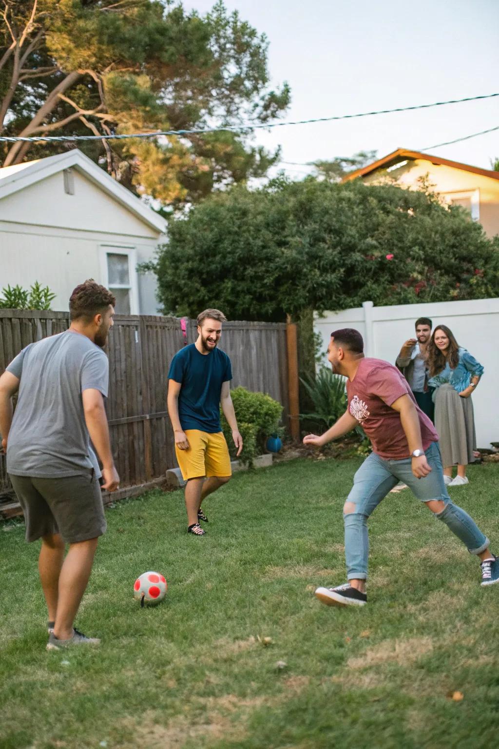 Visitors enjoying a friendly backyard soccer match.
