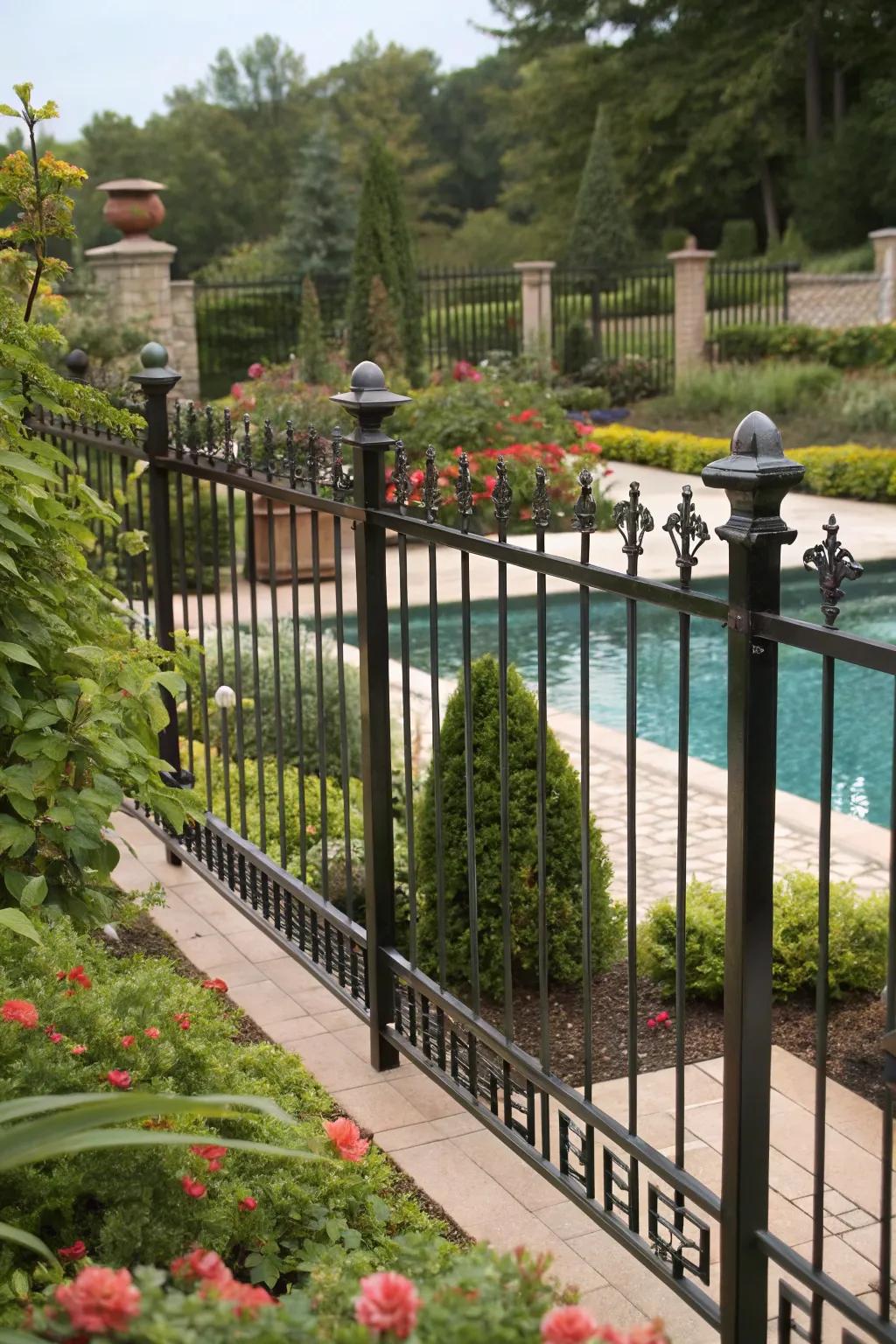 Height variations in the forged metal fence add dimension to this pool area.