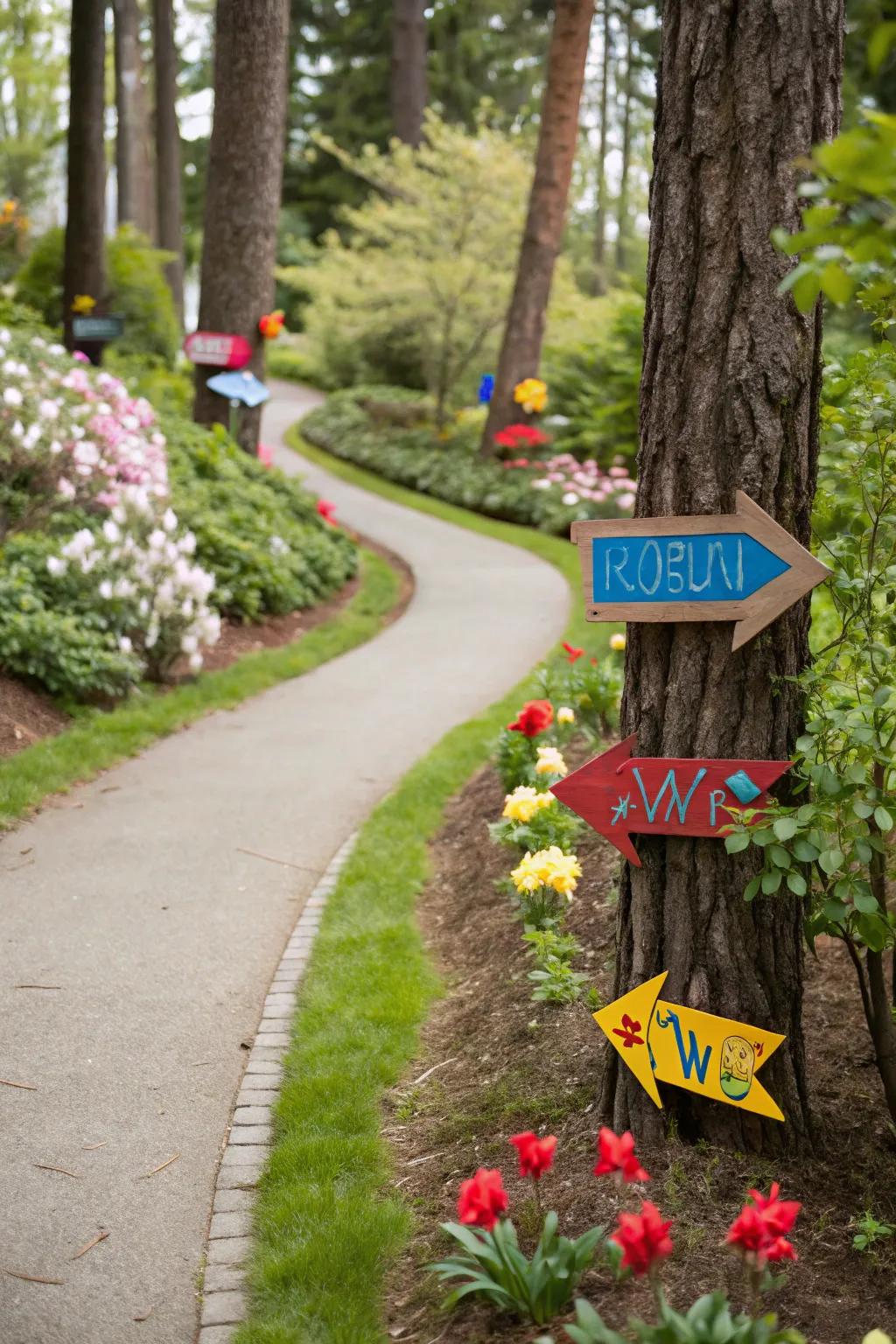 Ornamental arbor markers guide the way through this artistic garden.