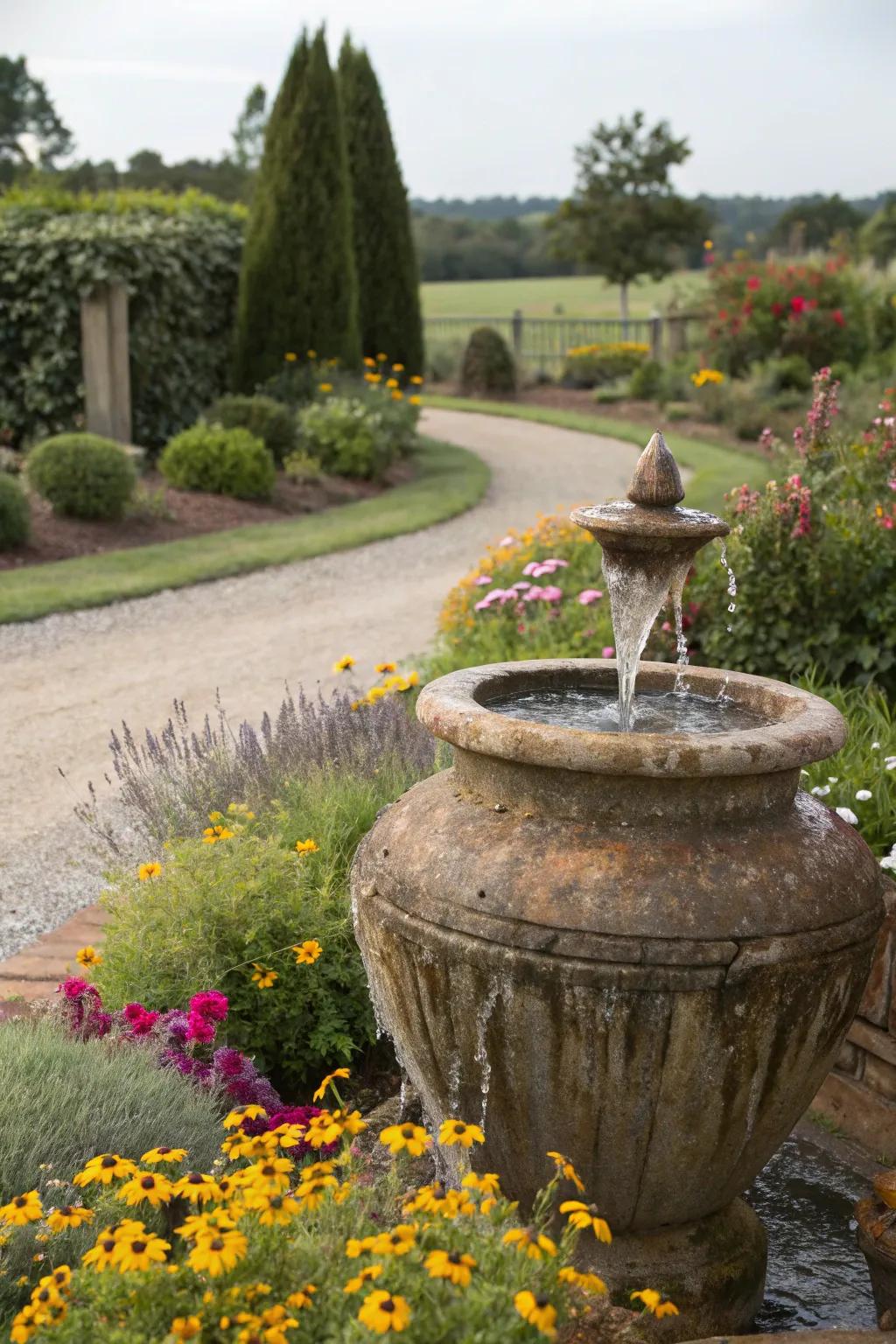 A charming urn fountain establishing a welcoming atmosphere in the garden.