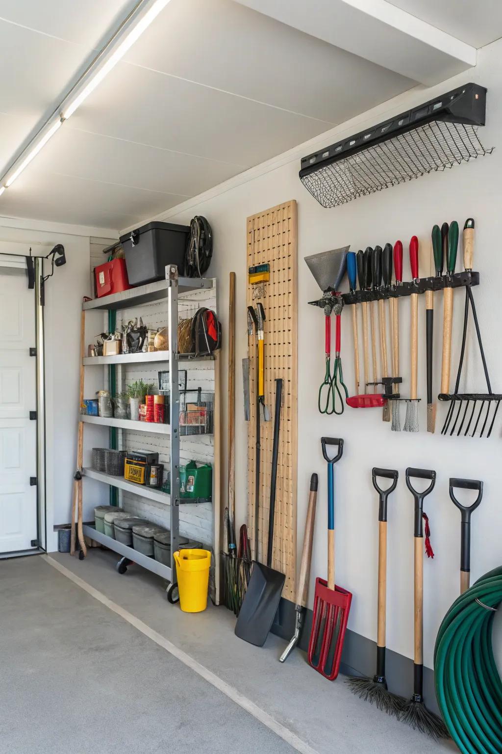 A tidy garage layout promotes streamlined tool organization.