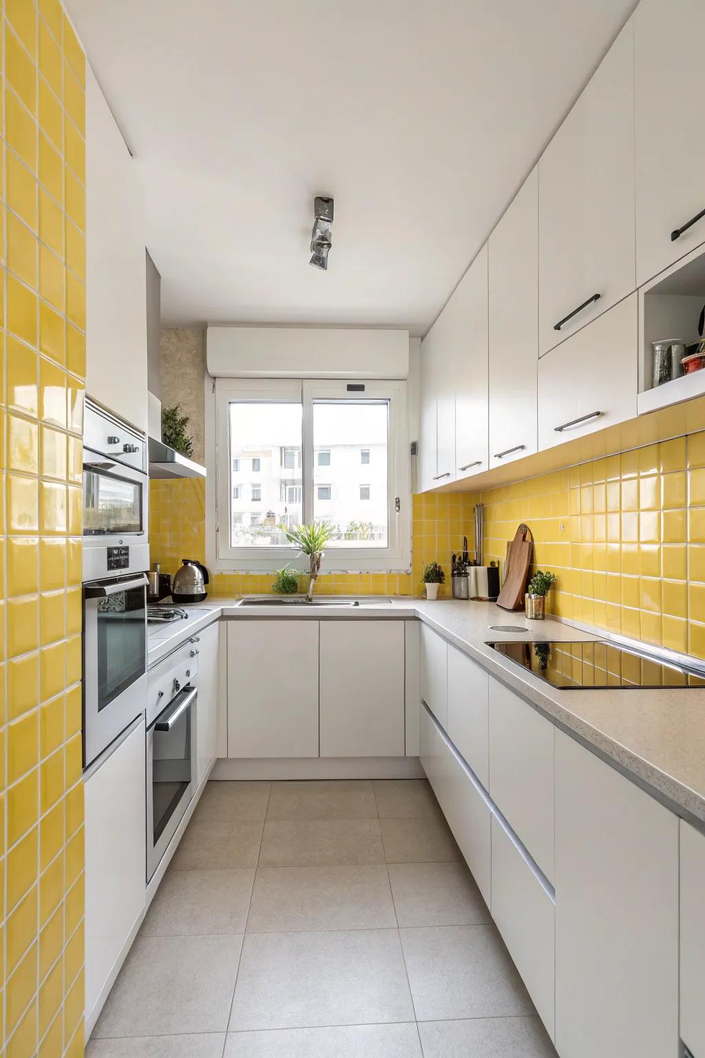 A minimal goldenrod backsplash imparts subtle color to this kitchen.