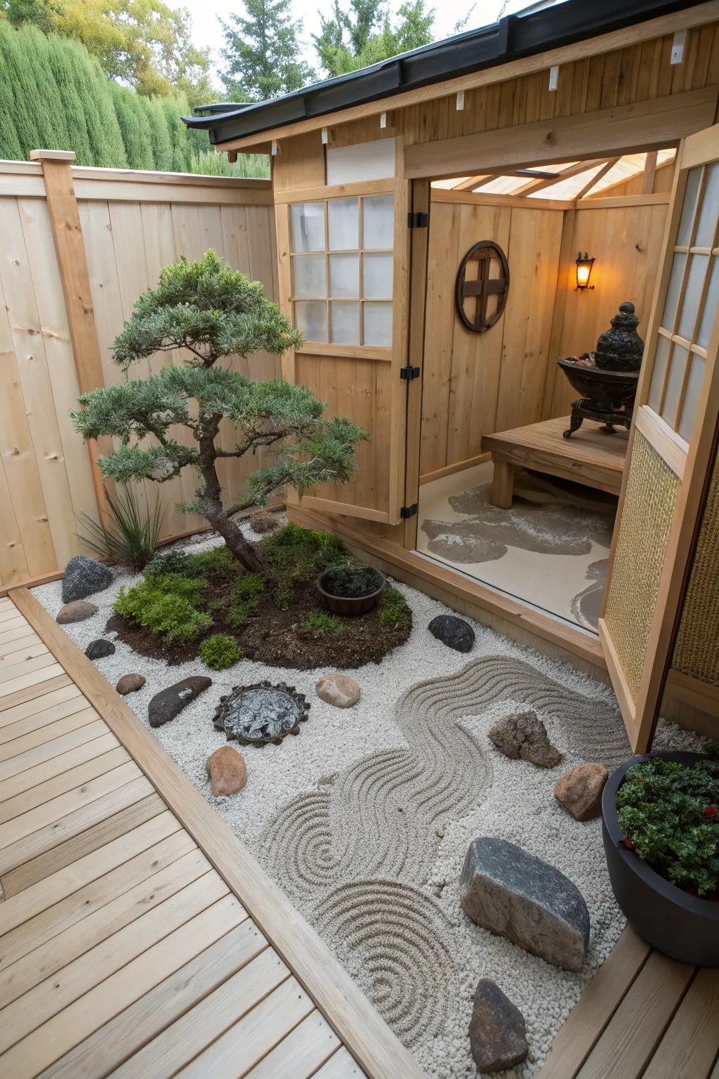 Discover serenity and calmness with a serene garden in your shed.