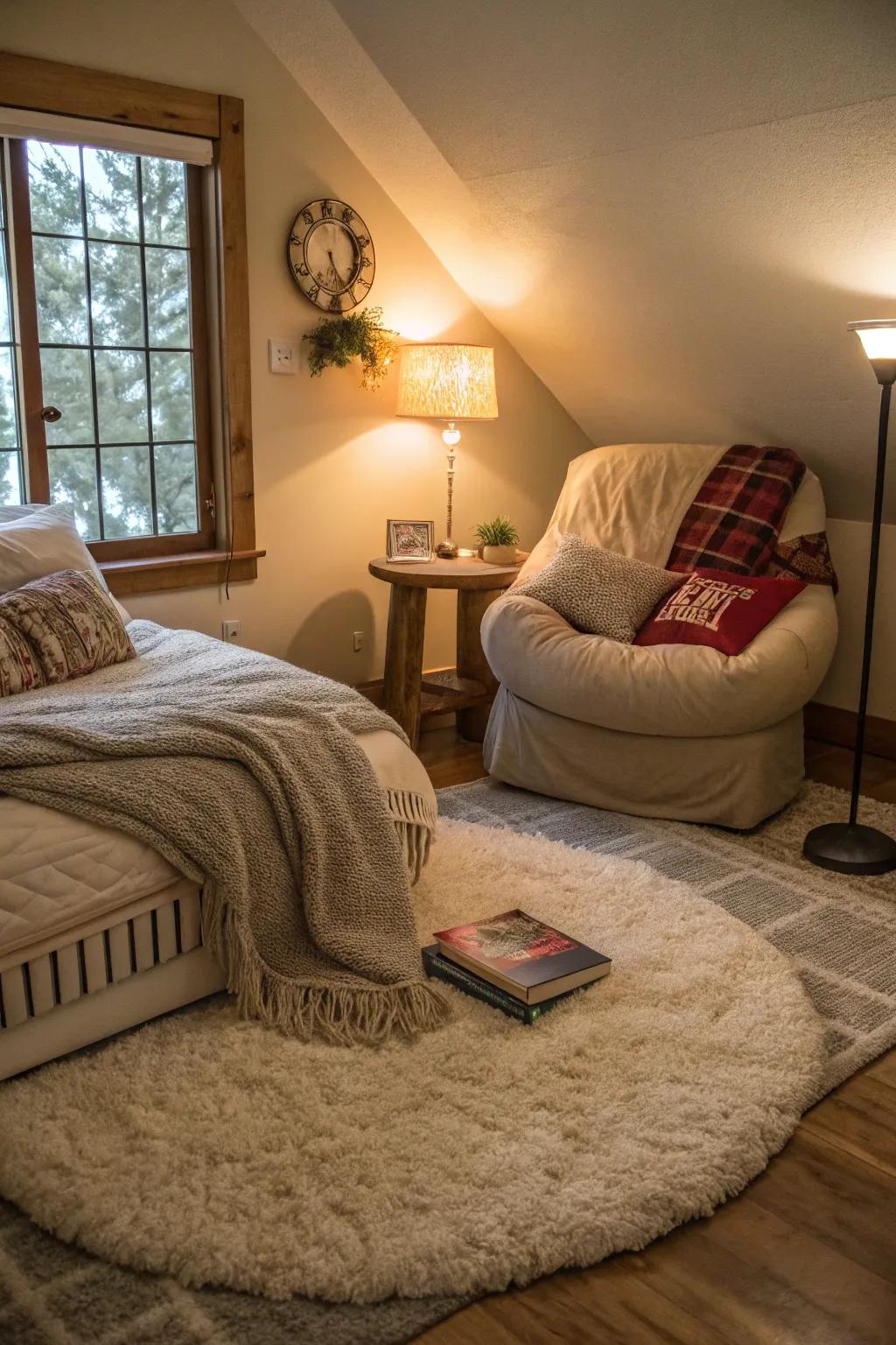 A plush carpet delineating a snug area, ideal for relaxation.