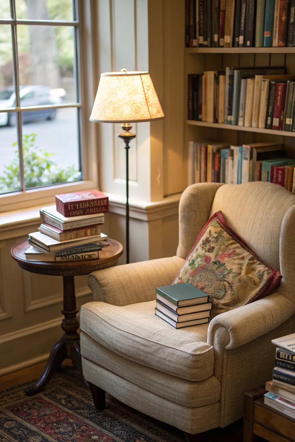 A cozy reading corner makes for a tranquil escape.