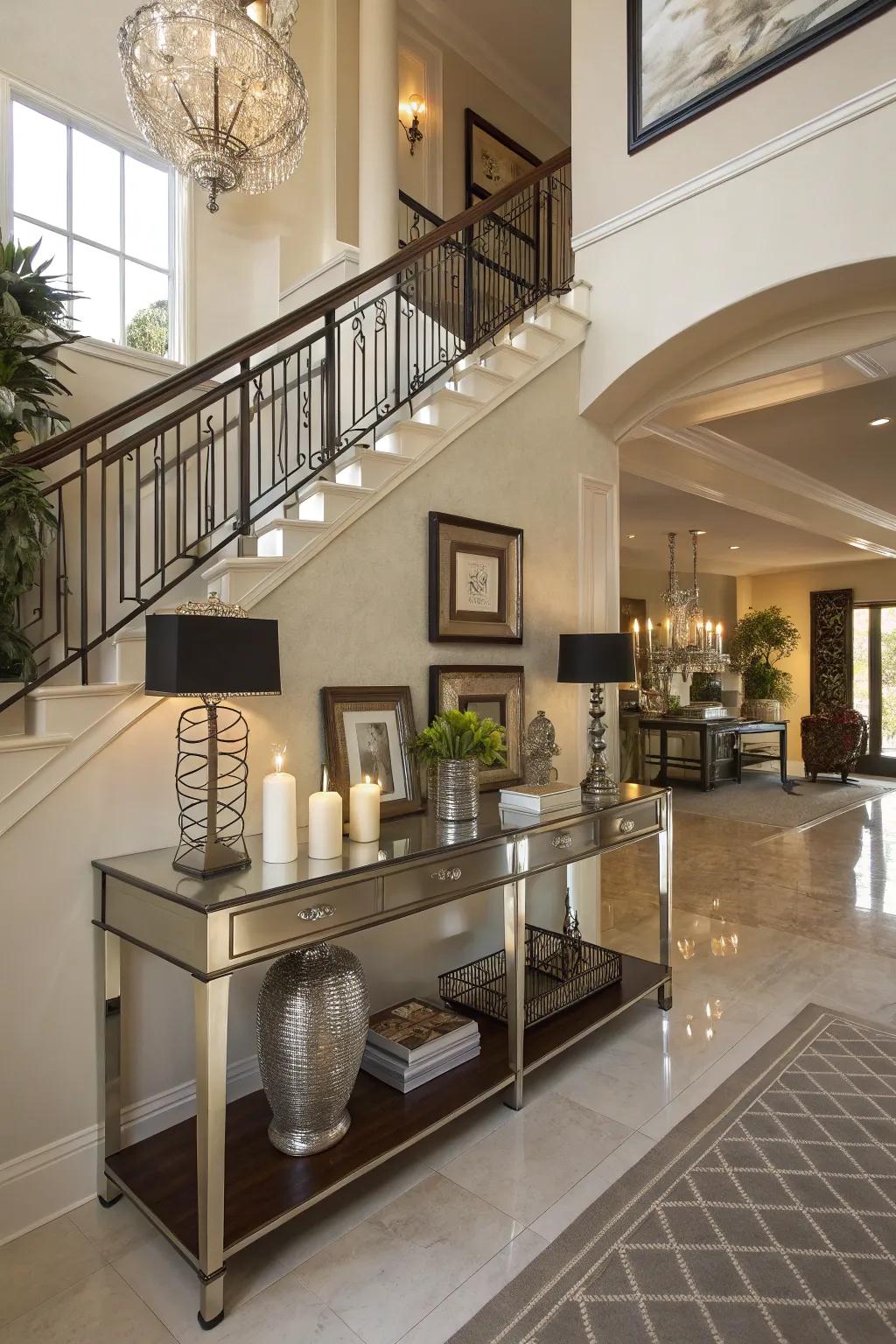 Practical furnishings like a console table add style and utility.