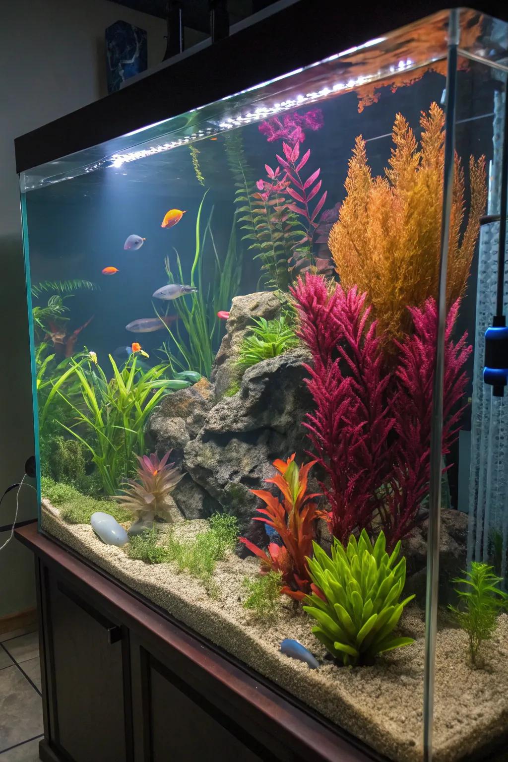 Artificial plants offer a vibrant, low-maintenance tropical look.