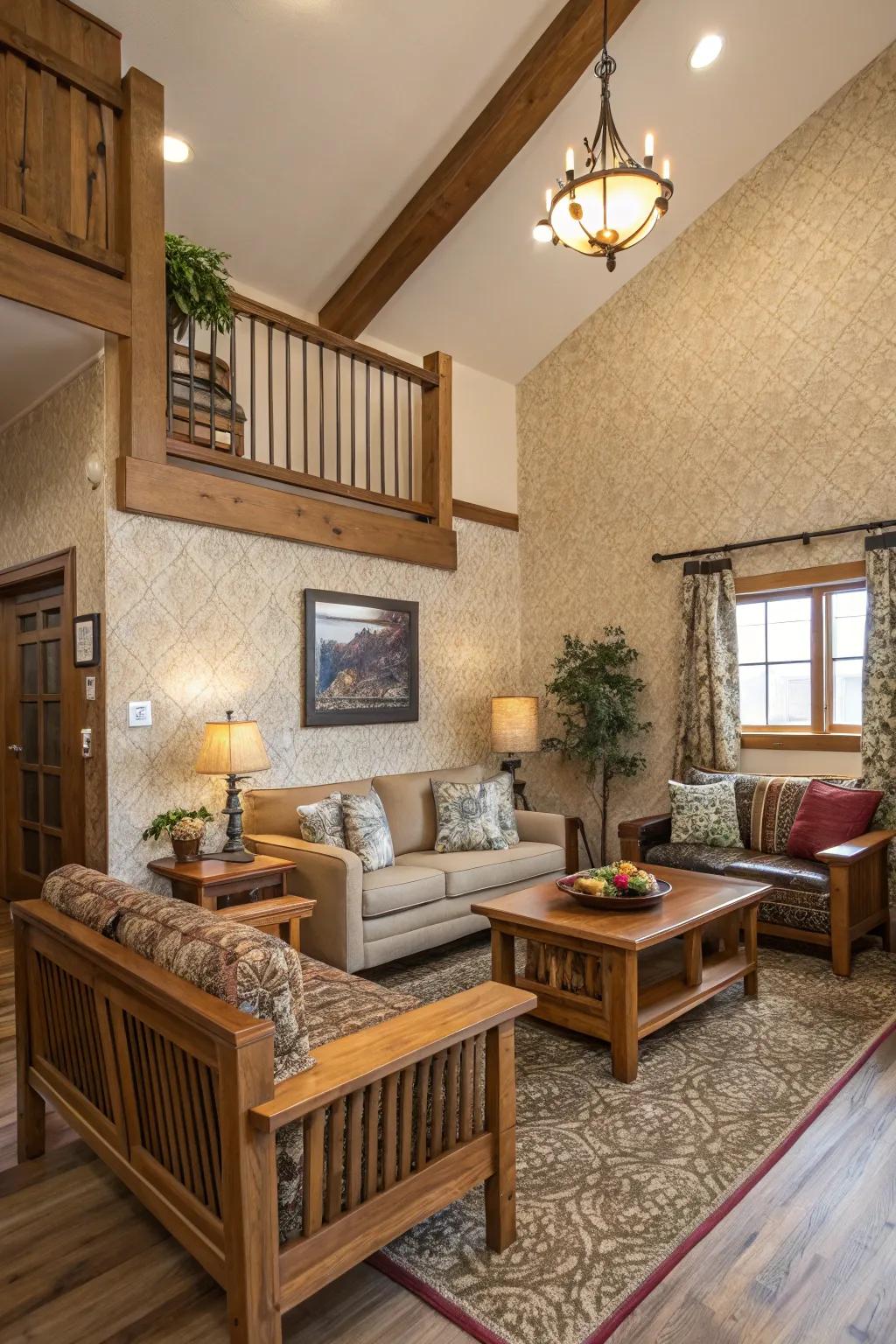 Wooden details and surface designs add coziness to the sitting room.