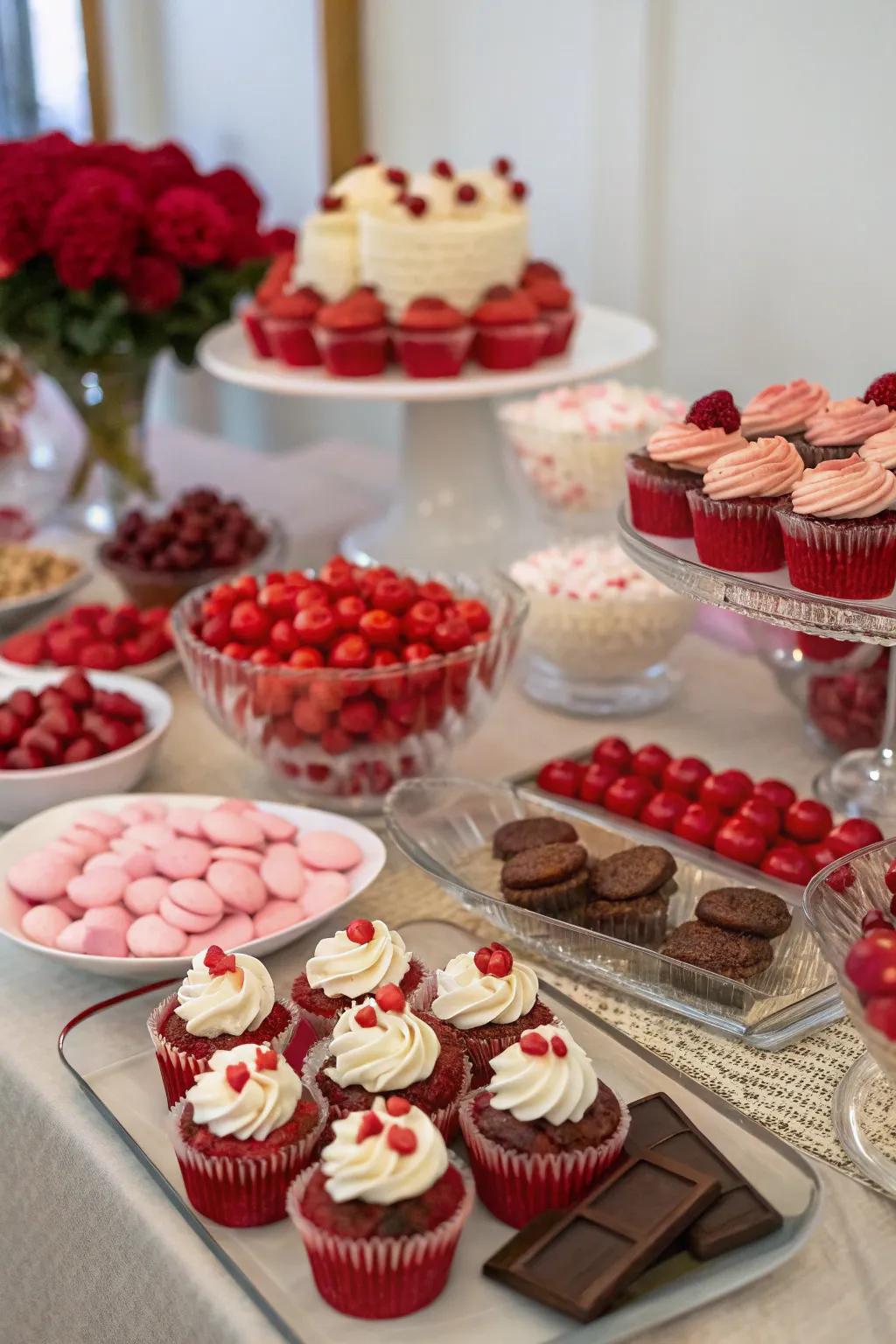 A dessert station that delights the senses with ruby-themed treats.