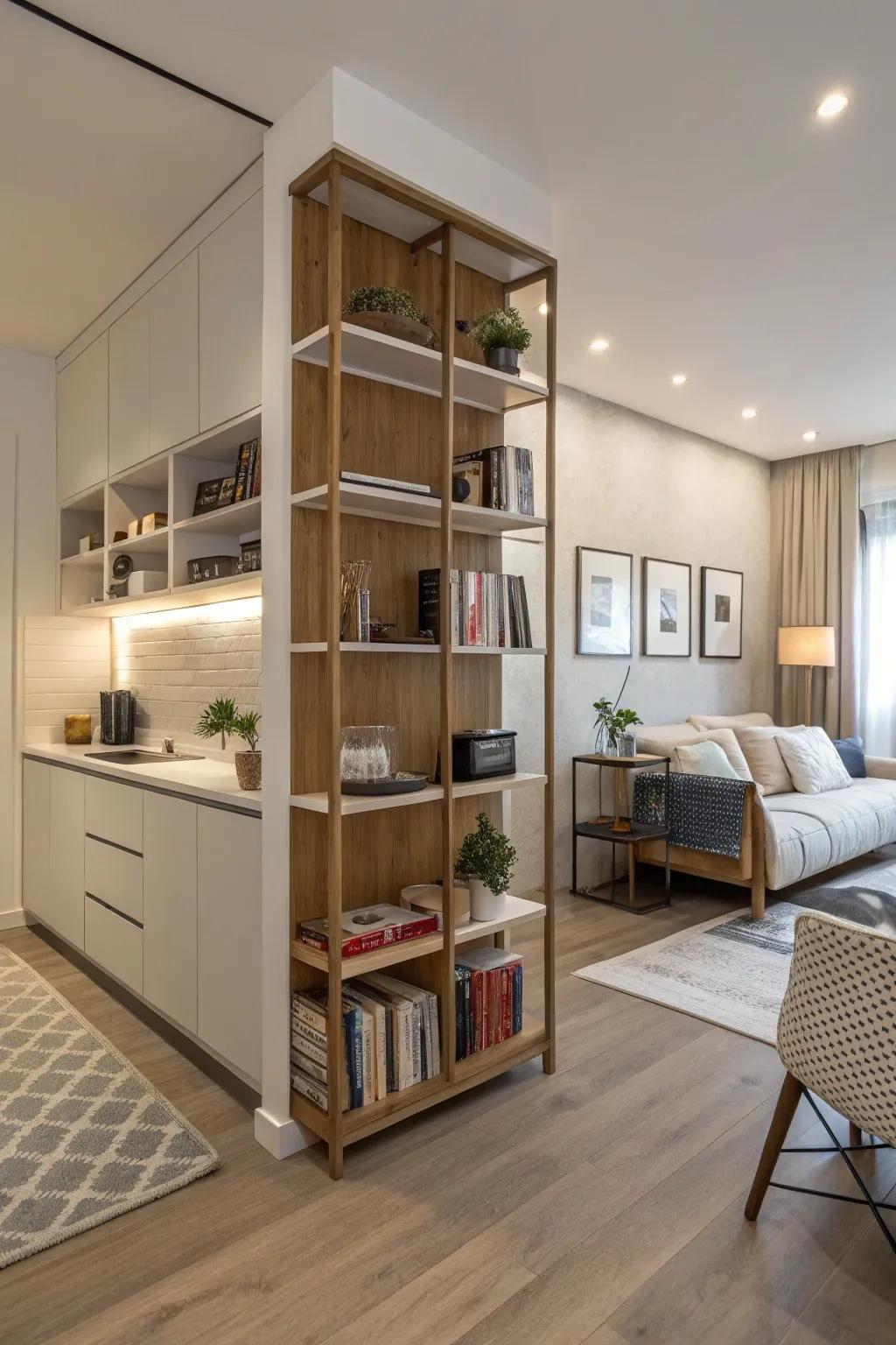 Divide and overcome your studio area by using open shelving units.