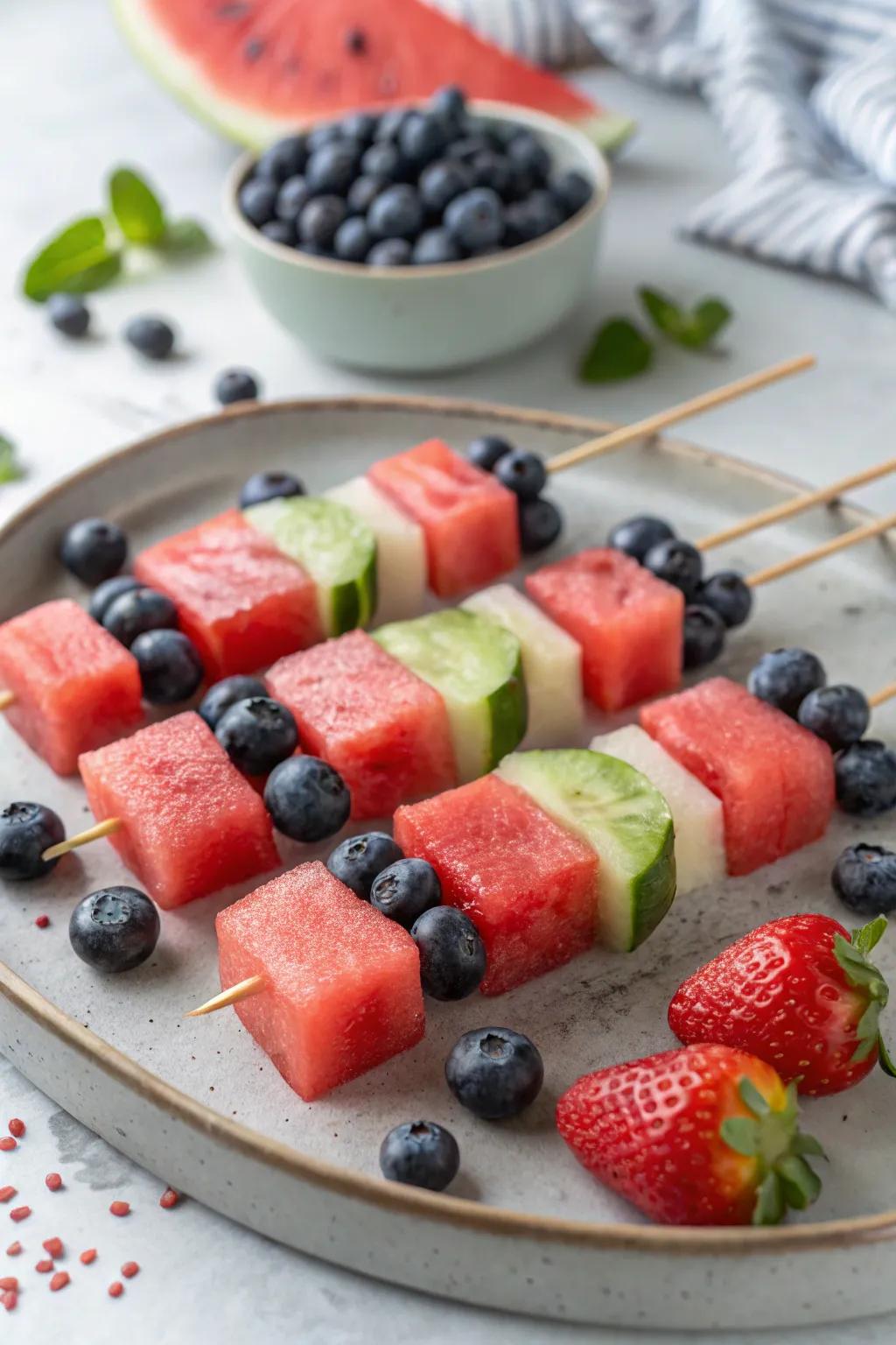 Cool off using revitalizing fruit skewers showcasing red, white, and blue.
