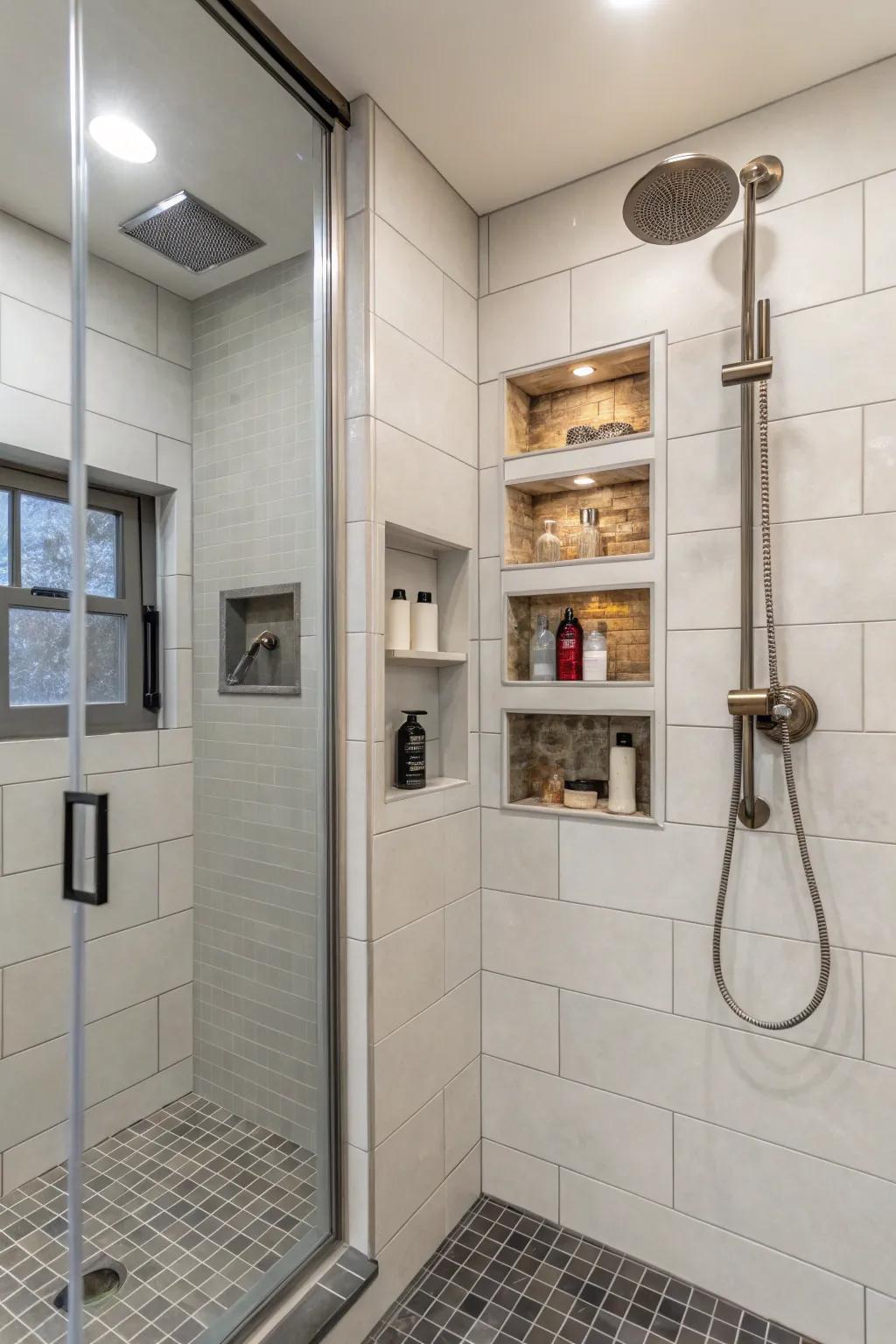 In-wall shelving units present useful and attractive storage solutions.