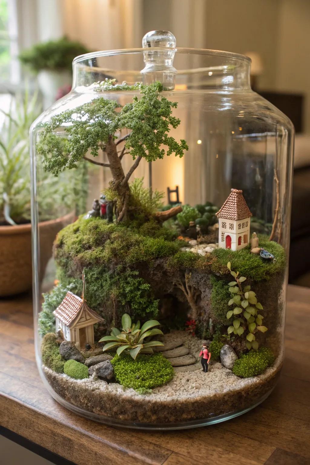A storybook tiny universe terrarium with charming details.