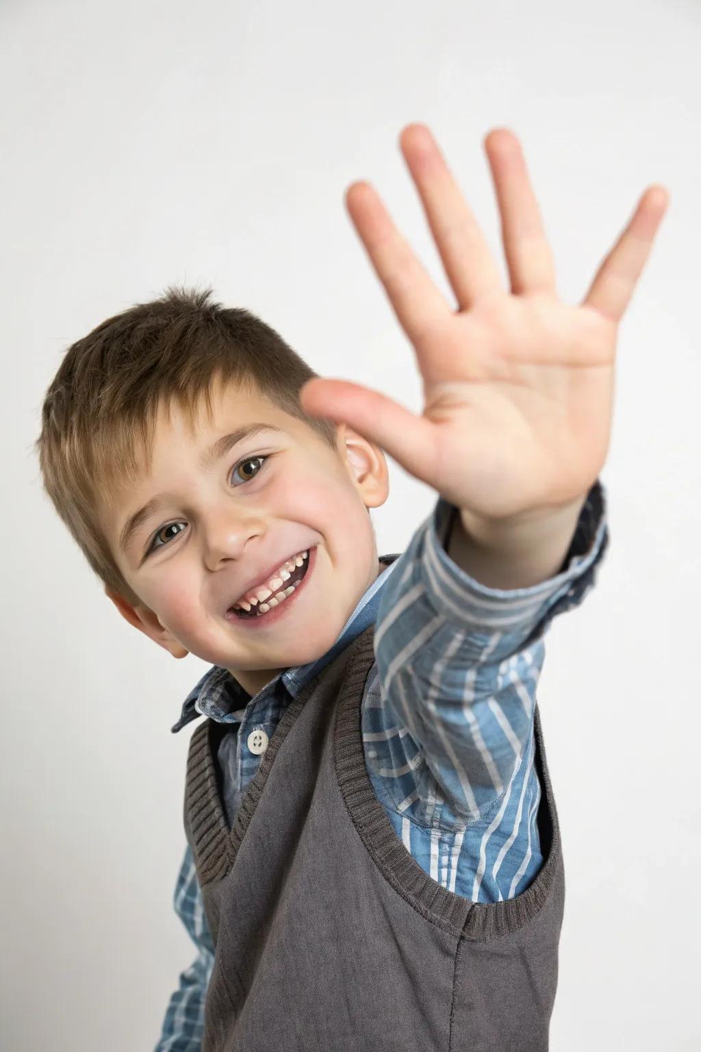 Exhibiting five digits constitutes a sweet and uncomplicated birthday pose.