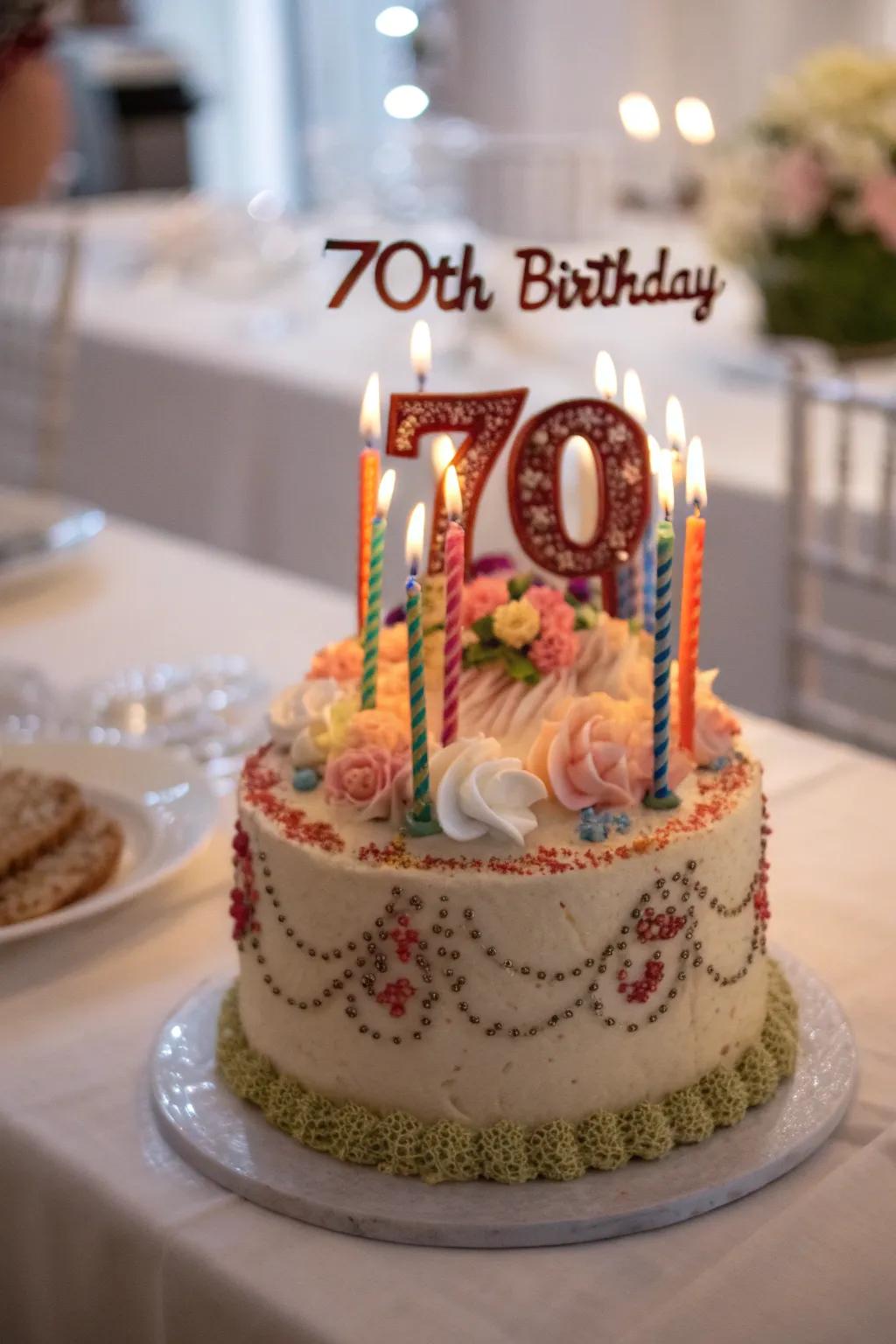 A personalized cake topper enhances the overall look.