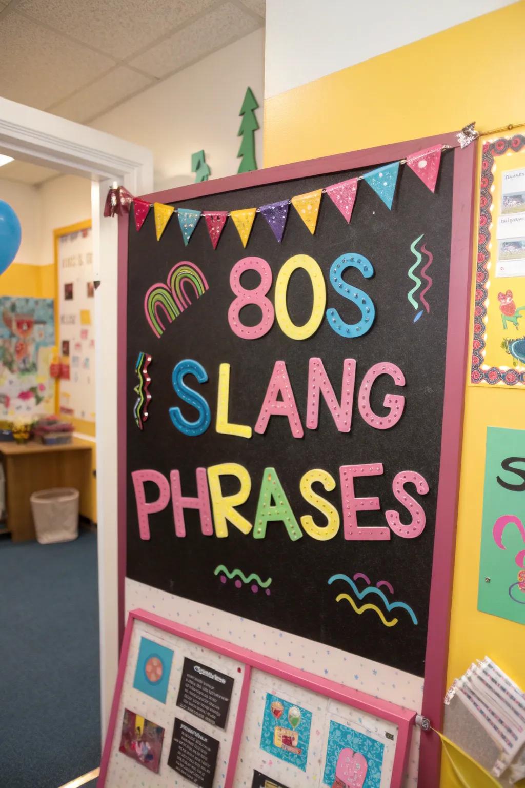 80s vernacular phrases on a pinboard in whimsical fonts.