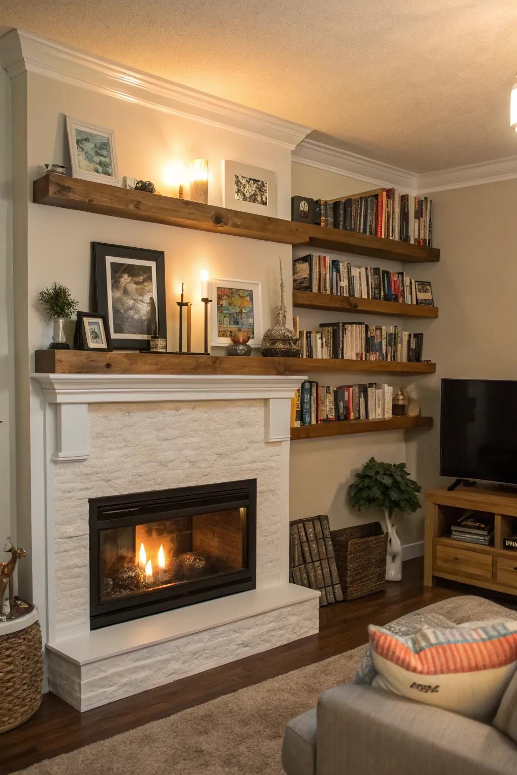 Wall-mounted planks provide a flexible and personal display above the fireplace.