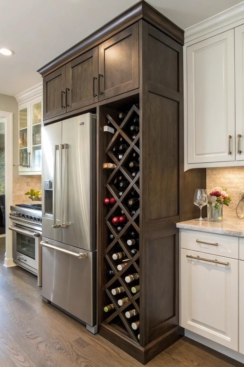 An integrated wine rack enhances functionality and introduces sophistication.