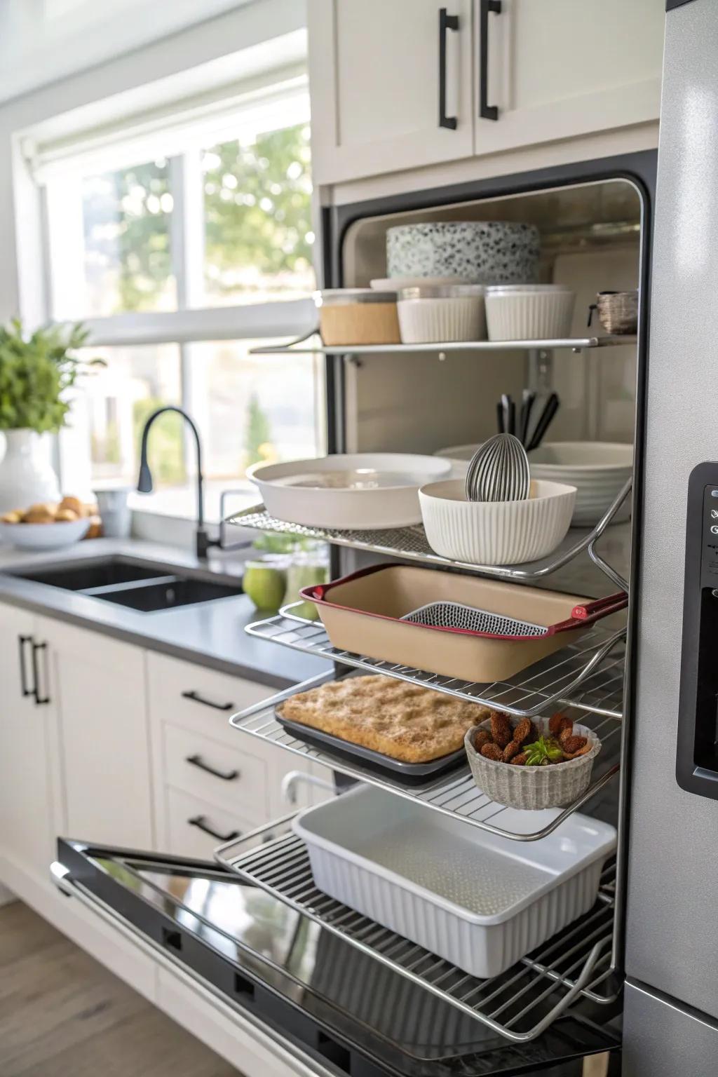 Attractive kitchenware functions as decor atop the refrigerator.
