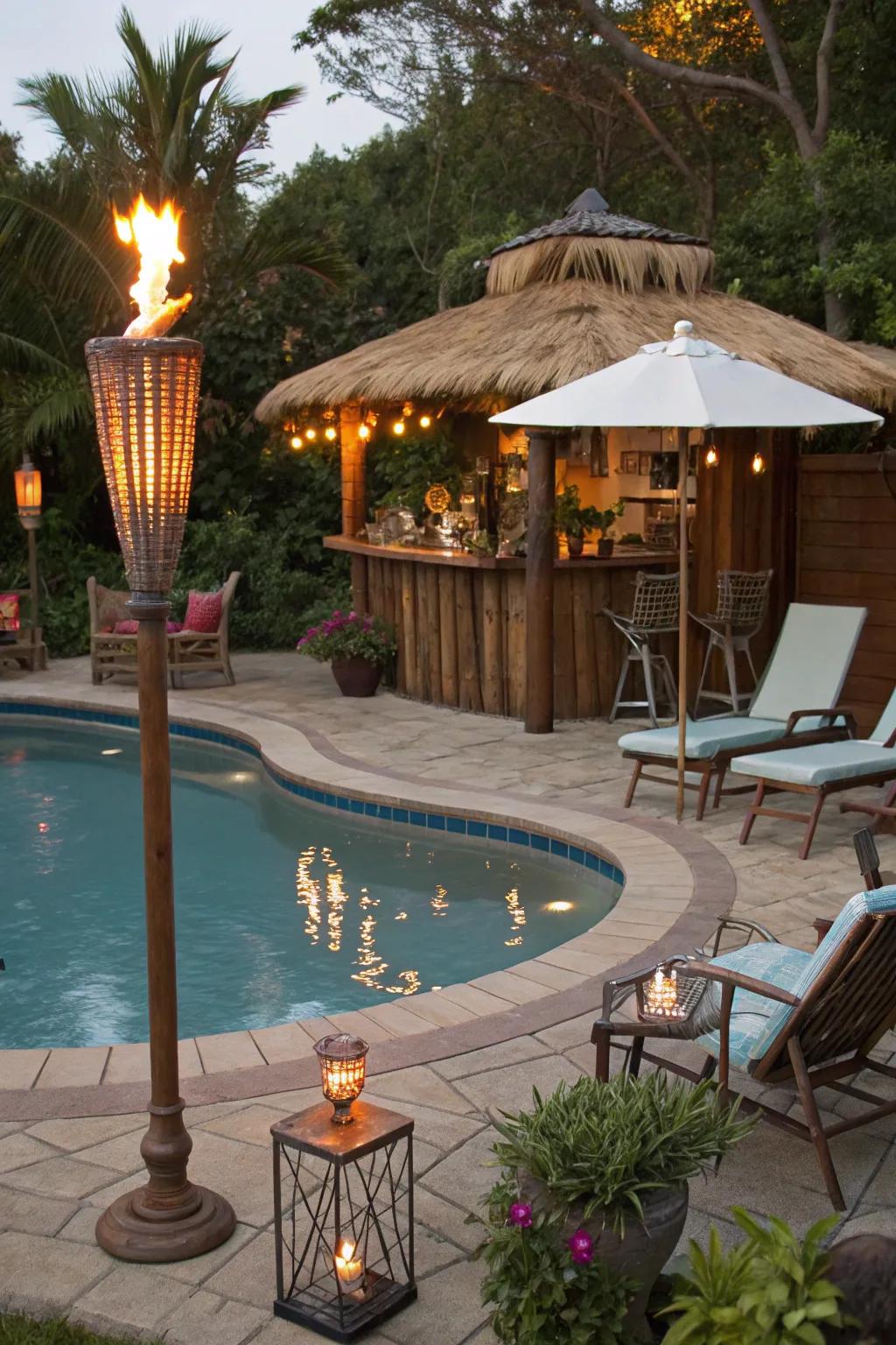 Island torches enhance the tropical ambiance of your poolside retreat.