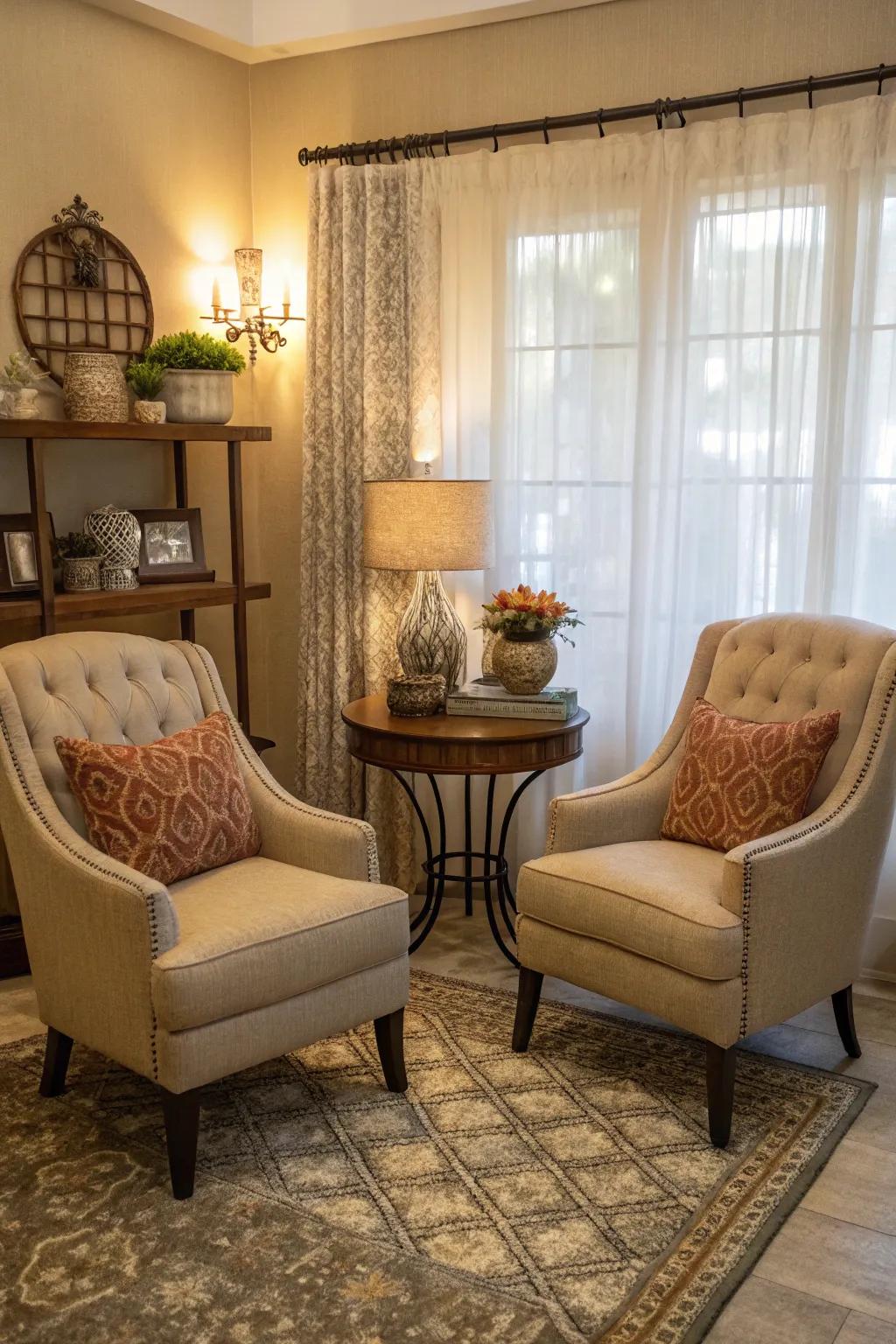 A chat area with two chairs encourages personal chats.