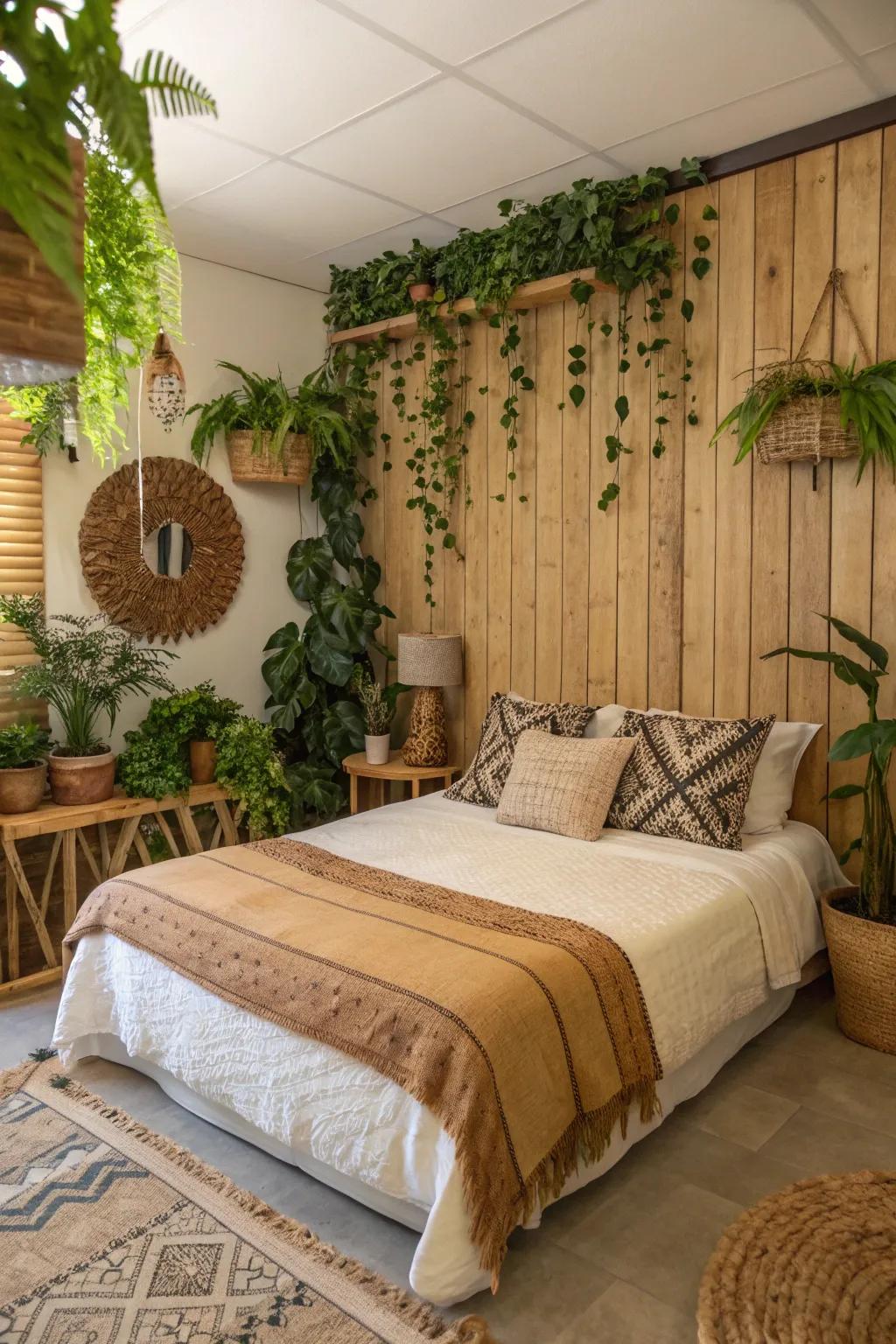 Natural elements on the accent wall add peace and tranquility to the space.