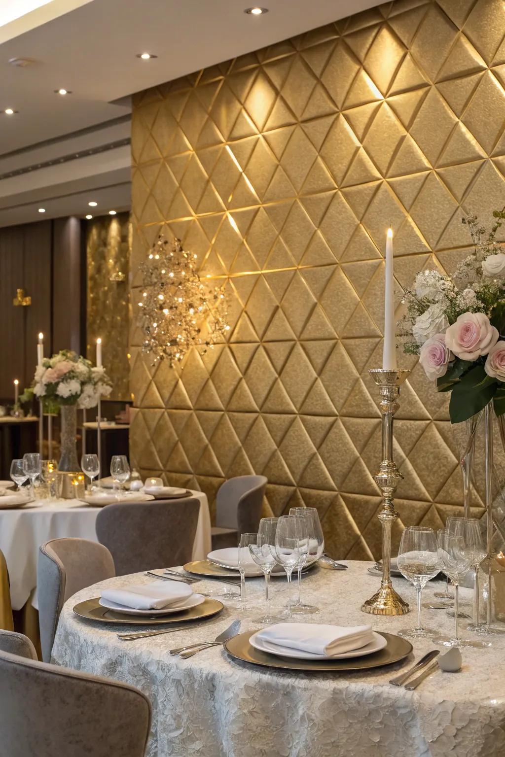 A lavish dining area featuring a shimmering glimmering accent wall.