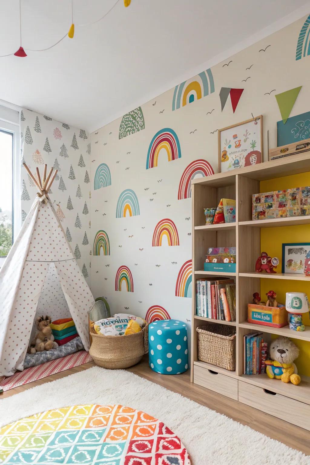 Playful wallpaper adds whimsy and fun to a child’s room.